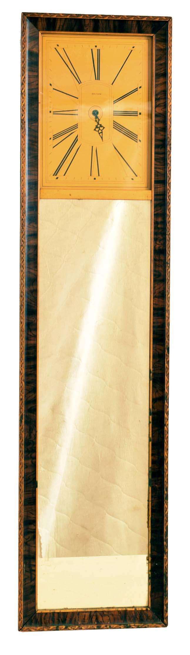 Clocks- 2 (Two) 8 day time only wall clocks: Waltham mirror clock with 37- size twin spring car clock movement, c1925 and an E. & A, Ingraham, Bristol, CT gilt wood gallery clock c1852 — Antique Clocks Price Guide