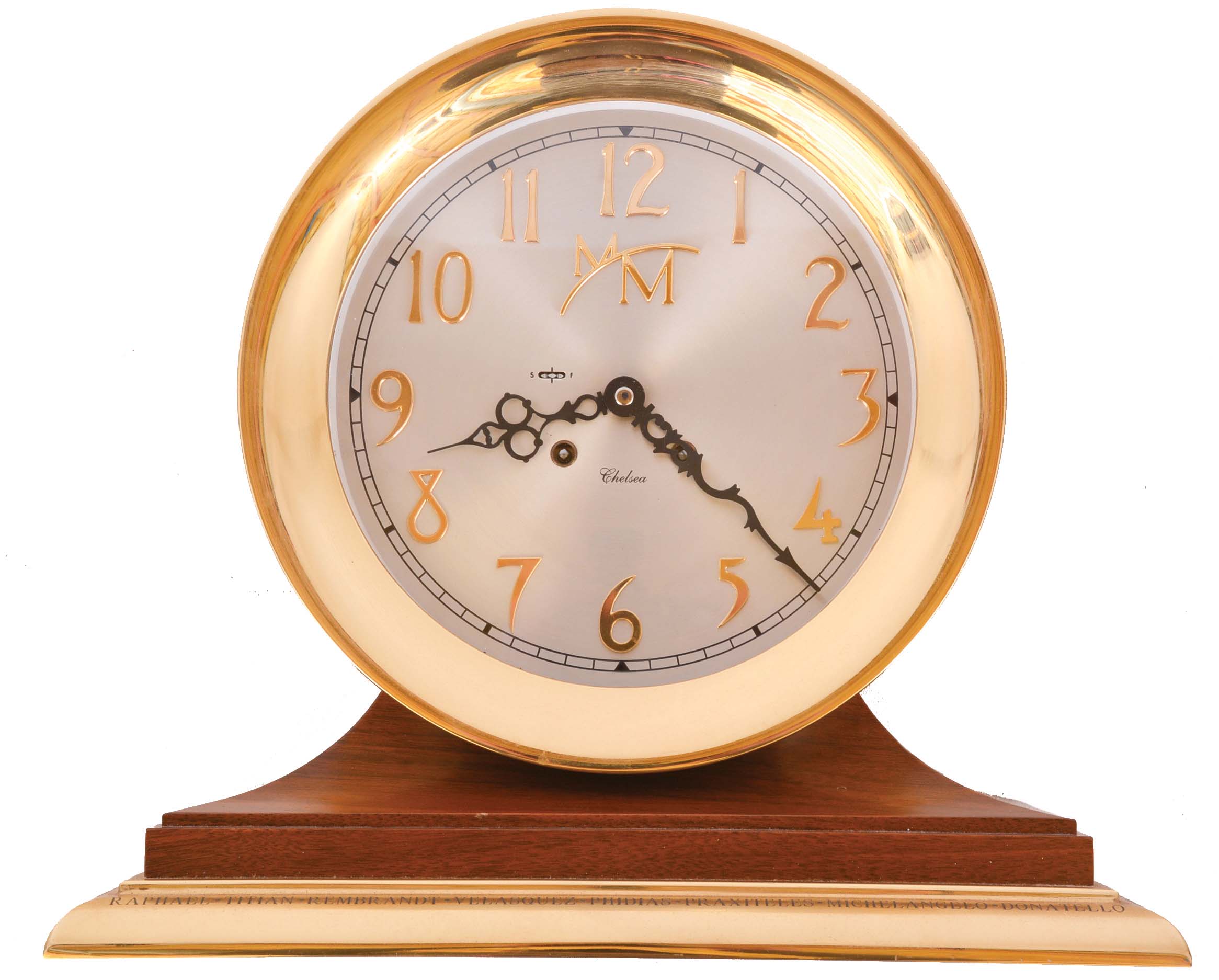 Chelsea Clock Co., Boston, Mass., "Third Millennium Limited Edition 2000" ship's bell mantel clock with 8 days, spring driven, time and ship's bell strike movement in polished brass case on walnut base with brass platform engraved with the greatest names of the second millennium. The dial is silvered metal with applied brass numerals and "MM", serial #2011, including original box and paperwork — Antique Clocks Price Guide