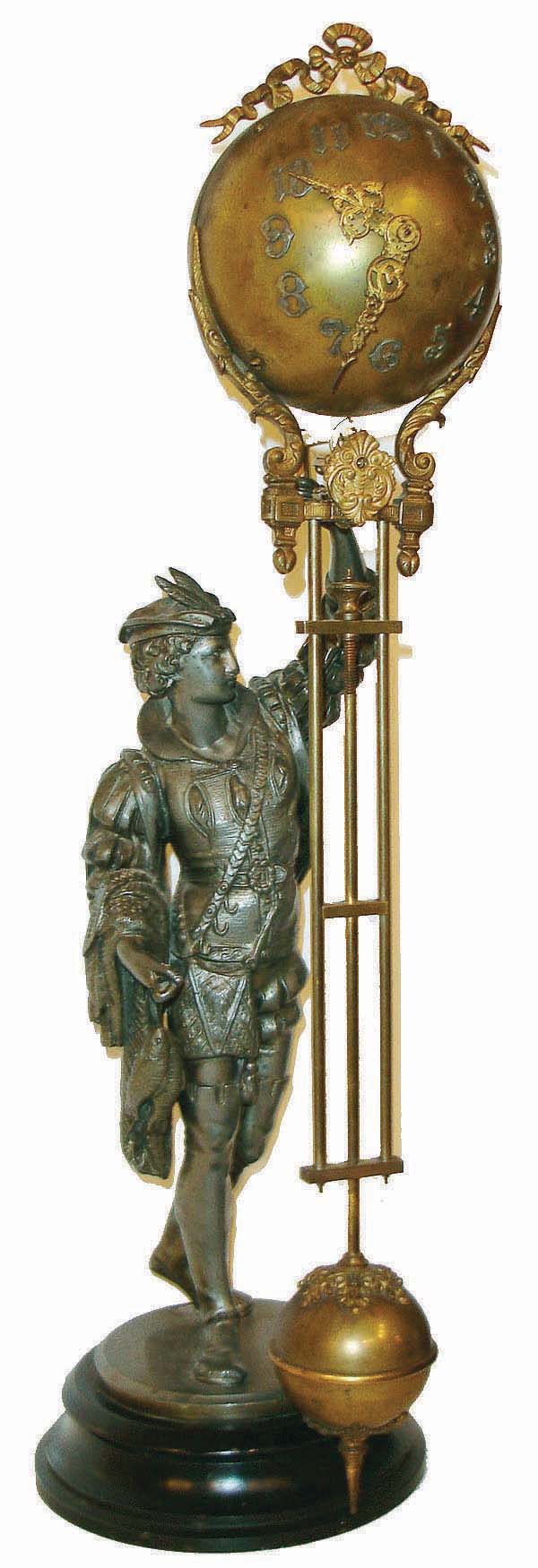 Ansonia Clock Co., New York, NY, "Fisher" ball swinger figural mantel clock, 8 days, time only, spring driven movement in a gilt finished ball case supported by a statue of a fisherman, c1880 — Antique Clocks Price Guide