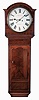 Gallam and Sons, Nottingham, England, tavern wall clock, 8 days, time and bell strike, weight driven movement in a mahogany veneer case with crotch mahogany door and painted metal dial