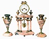 France, mantel clock with garniture, pink variegated portico style clock with gilt ornament, Arabic numeral white enamel dial, gilt Louis XV style hands, Helios mask pendulum, 8 day time and strike pendule de Paris movement, with matching, vase form side pieces