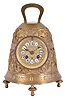 France, miniature brass bell form table clock, the cast, gilt case with foliate designs and human figures playing various musical instruments, and Latin phrases with religious significance, top with handle, and base with turned feet, cast bezel and dial with applied white enamel Roman numeral cartouches, blued steel hands, 8 day time and strike movement with cylinder platform, striking on a bell