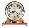 Chelsea Clock Co., Boston, Mass., Mass, a base and ball special "Commodore" ship's bell clock with ten inch dial {24.5cm}, in a red brass case with hinged bezel & button latch, retailed by E. P. Roberts & Sons, Pittsburgh as indicated on dial.