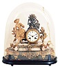 Clocks- 4 (Four) time and strike mantel and shelf clocks: Seth Thomas "Metals No.5" oak 8 day kitchen clock, c. 1905; Waterbury "Clayton" oak 8 day kitchen clock, c. 1900; Gilbert Mfg. Co. 30 hour mahogany veneer OG, c. 1870; French gilt- spelter and white alabaster marble figural 8 day mantel clock on ebonized wood base under glass dome, Marti "Medaille D'Honneur" bell- strike movement, c. 1900.
