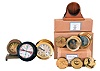 Clocks and Parts, Chelsea Clock Company: 5 movements, 3 ship's bells, 2 time only; Timemaster quartz radio room in black phenolic case; "Library" with applied bronze numbers; 6 inch ship's bells with missing balance platform; 4 wood stands; quartz movement ship's bells with no dial or hands; case only for 4 inch ship's bells movement