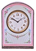 Desk or nightstand clock, silver gilt case with pink and blue guilloche enamel decorated with floral garlands, Arabic numeral white enamel dial with blued steel luminous hands, 8 day Swiss timepiece movement