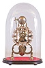 England, skeleton clock, the eight day fusee timepiece with passing strike, Gothic style frames and Roman numeral, painted, pierced brass dial, black painted steel hands, mounted to a red velvet lined, ebonized wooden base with dome