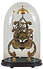 England, skeleton clock, the two train, 8 day time and strike fusee movement contained between two nicely pierced and scroll sawn brass plates, decorative pillars with large central knop, pierced Roman numeral dial and blued steel hands, all on bell form feet fixed to an ebonized base with glass shade, 19th century