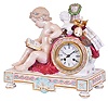 France, Figural mantel clock, Meissen porcelain case with a seated putto, bust, wreath, mandolin, palette, and other items symbolizing the arts, Roman numeral white enamel dial, blued steel hands, 8 day time and strike pendule a Paris movement with silk thread suspension, bottom of case with crossed swords mark