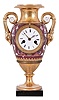 France, Paris porcelain table or mantel clock with urn form case, the base decorated with bright and matte gilt leaves, the body with maroon ground, and polychrome neoclassical and Grecian ornament, gilt swan handles, Roman numeral white enamel dial with engine turned bezel and original gilt, cast hands, 8 day time and strike pendule de Paris movement with silk thread suspension