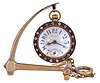 New Haven Clock Co., New Haven, Conn., desk clock with stand, the ball form timepiece with brilliant set bezel, Arabic numeral white enamel dial, and 30 hour pin lever movement, with anchor form brass stand