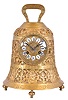 France, brass bell form table clock, the case with foliate designs and human figures playing various musical instruments, and Latin phrases with religious significance, top with handle, and base with gadrooned feet, cast bezel with pendant husks and convex beveled glass, brass dial with applied white enamel cartouches with Roman numerals, 
