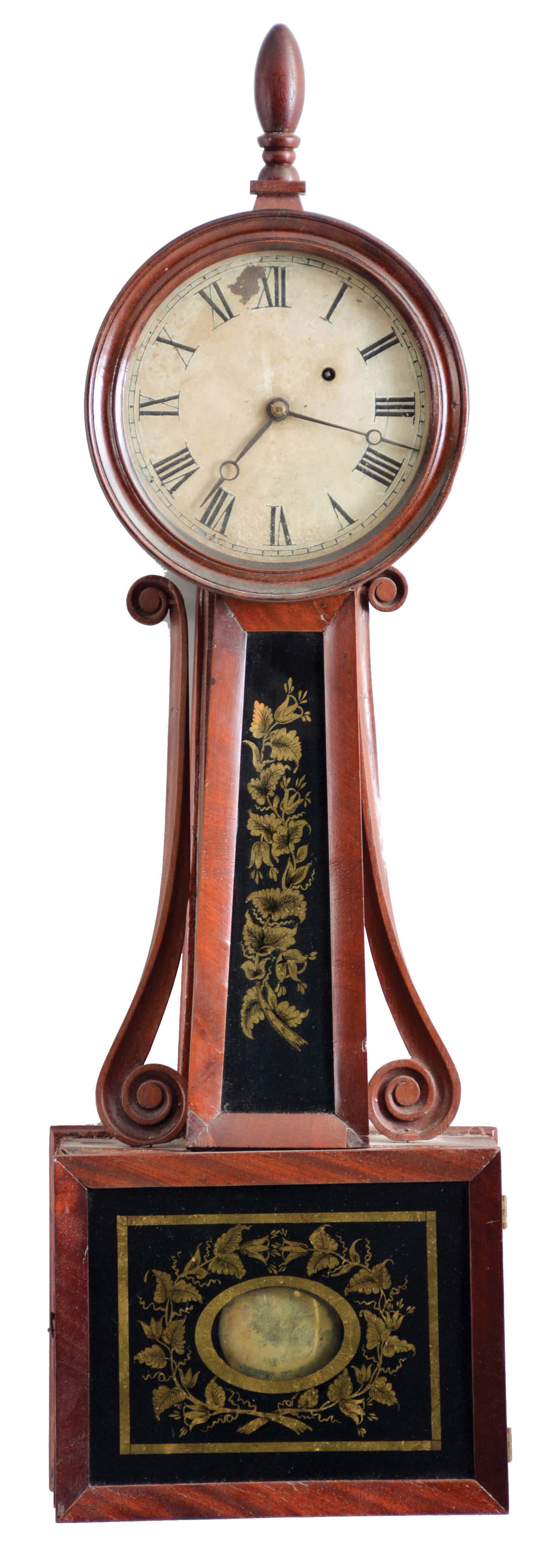 Horace Tifft attributed, North Attleboro, Mass. 8 day, weight driven, brass movement Patent or banjo timepiece. — Antique Clocks Price Guide