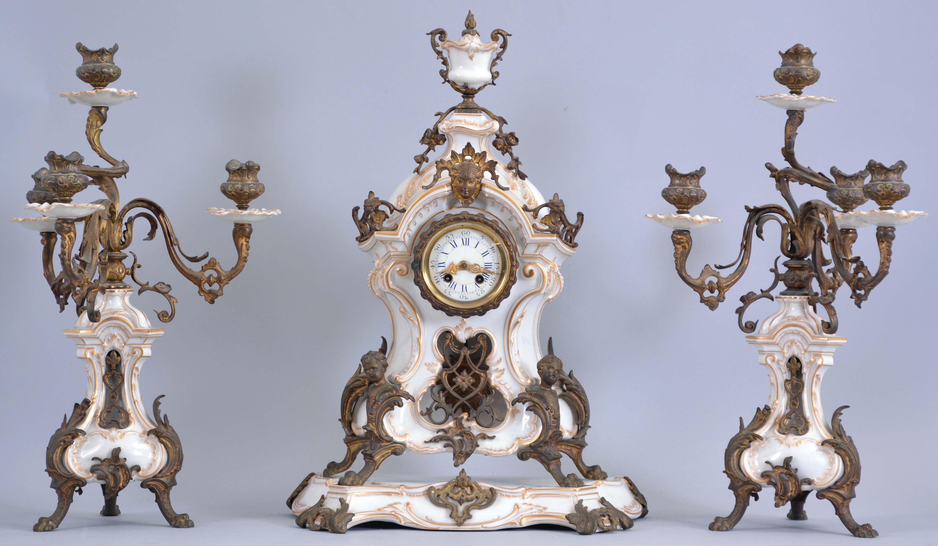 Germany, Gustav Becker, 3 piece porcelain garniture set, with 8 day, time and strike spring driven movement — Antique Clocks Price Guide