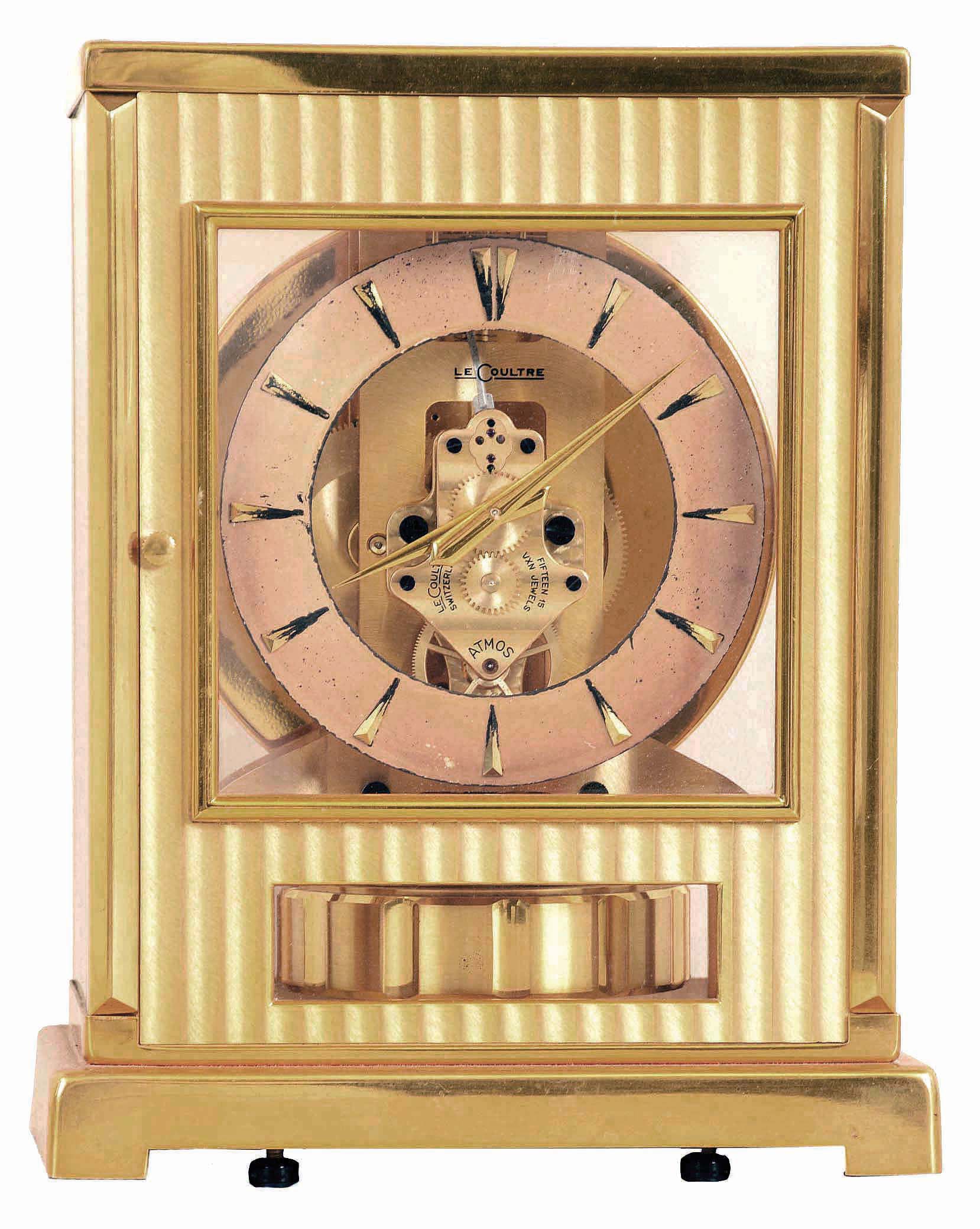 Jaeger LeCoultre, Switzerland, "Atmos Tuxedo" model 522 calibre movement perpetual gold- plated brass and glass time only mantel clock, serial number 61873 — Antique Clocks Price Guide