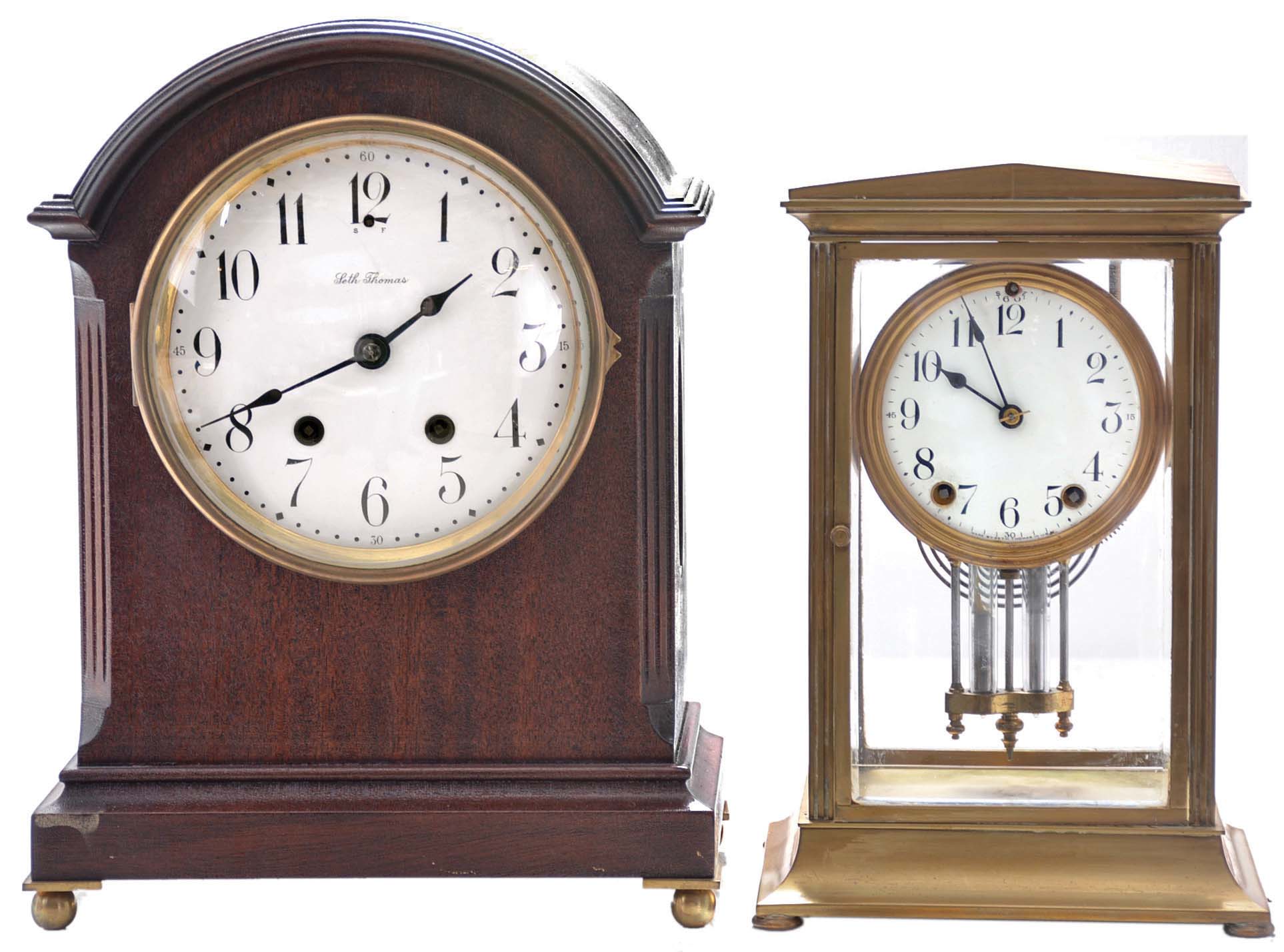 Clocks- 2 (Two): (1) Seth Thomas Clock Co., Thomaston, Conn., "Empire No. 23", 8 day, time and strike spring driven movement crystal regulator mantel clock, c1913; (2) Seth Thomas Clock Co., Thomaston, Conn., "Tory", 8 day, time and strike spring driven movement mantel clock, c1913 — Antique Clocks Price Guide