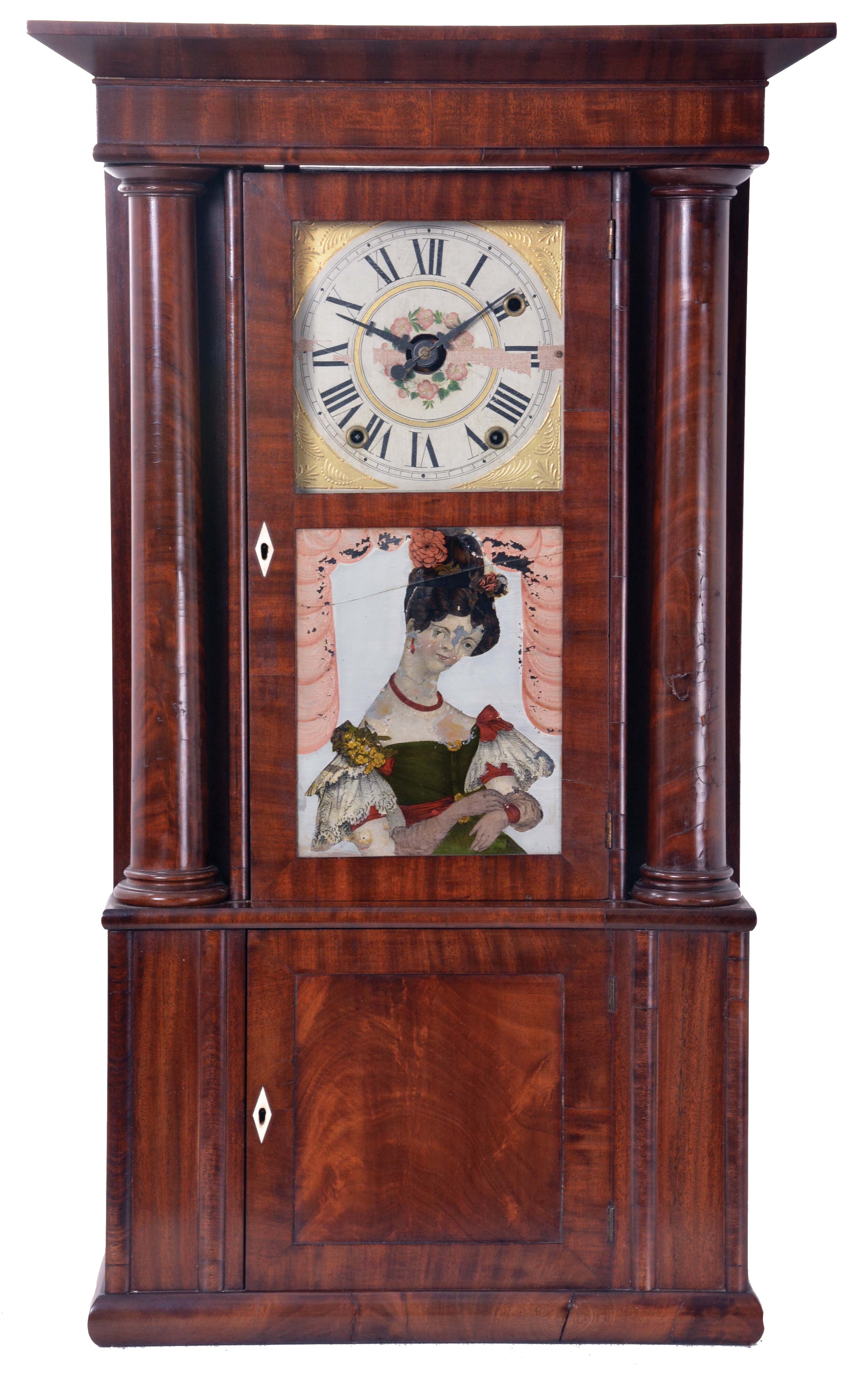 Rodney Brace, North Bridgewater, Mass Cornice and Full Column shelf clock with a 30 hour weight driven time, strike and alarm movement in a mahogany veneered case. — Antique Clocks Price Guide