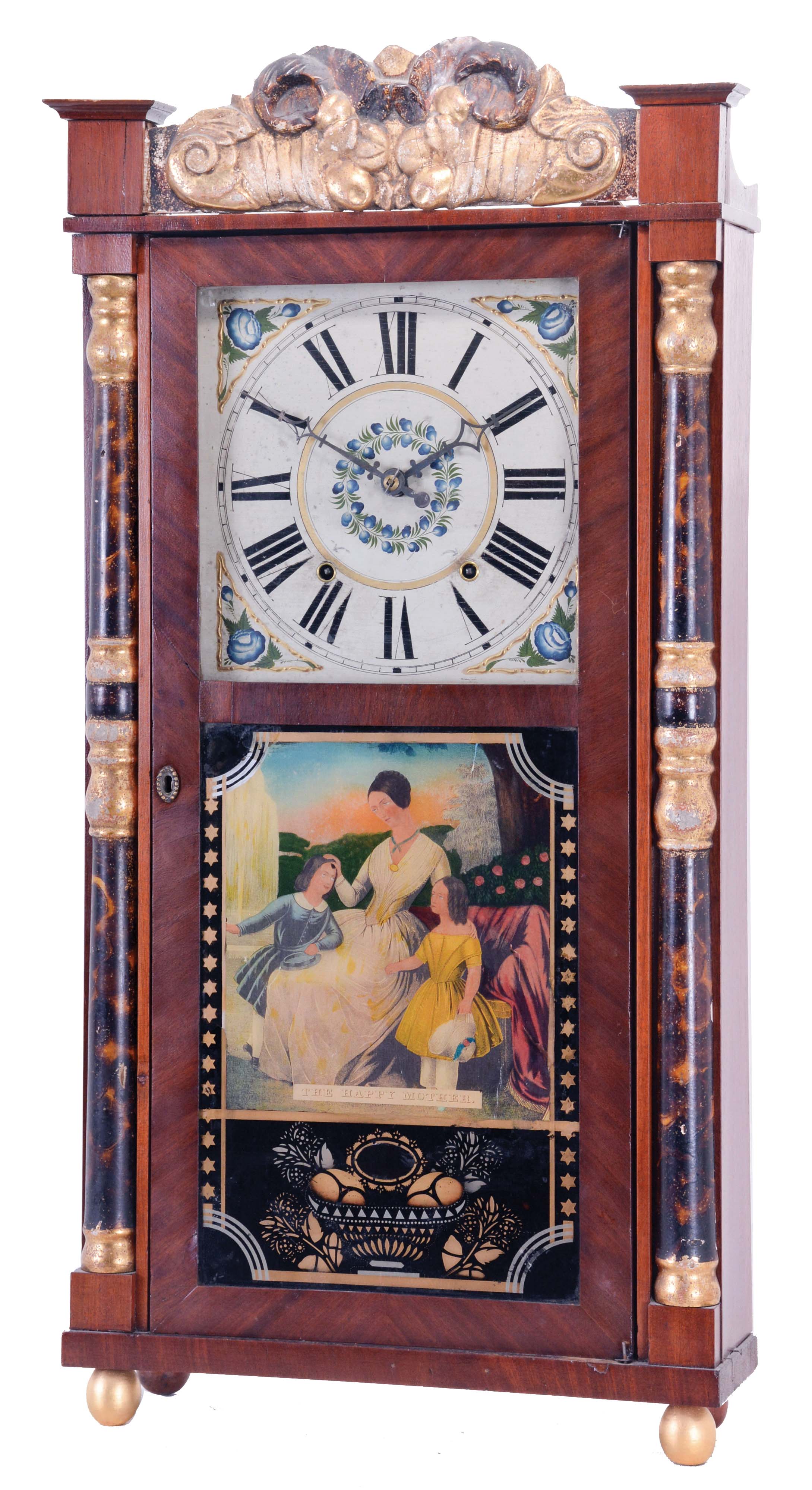 P (hilip) Barnes & Co., Bristol, Conn., 30 hour, time and strike weight wood movement half column & splat shelf clock. — Antique Clocks Price Guide