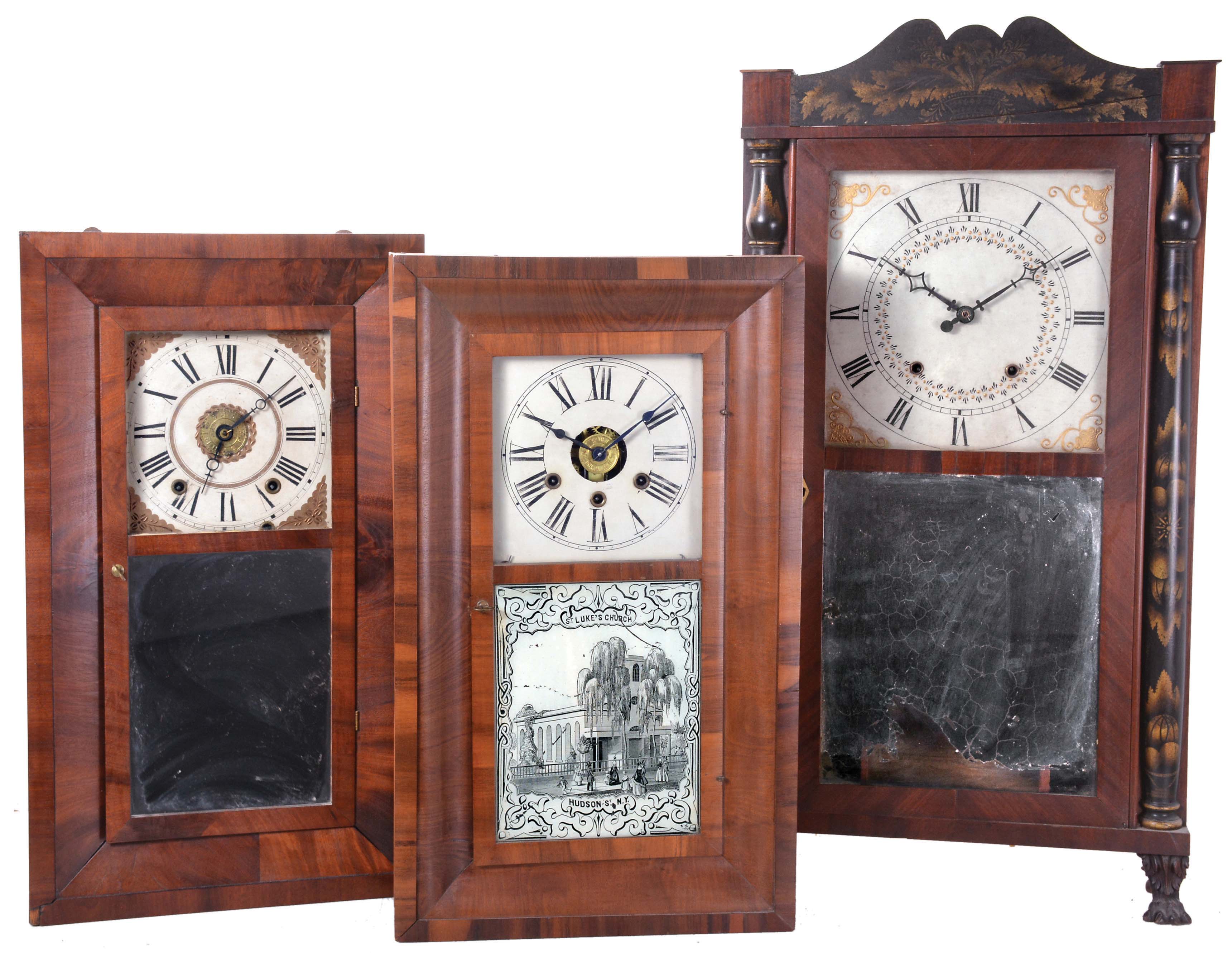 Clocks- 3 (Three): (1) E. Terry & Sons, Plymouth, Conn. 30 hour, time and strike weight wood movement half column & splat shelf clock, c1828; (2) Wells, Forbes, Bristol, New Hampshire, 30 hour, time, strike and alarm weight wood movement bevel case shelf clock, c1842; (3) George Marsh, Winchester, Conn., 30 hour, time, strike and alarm weight driven, brass movement OG shelf clock, c1850 — Antique Clocks Price Guide