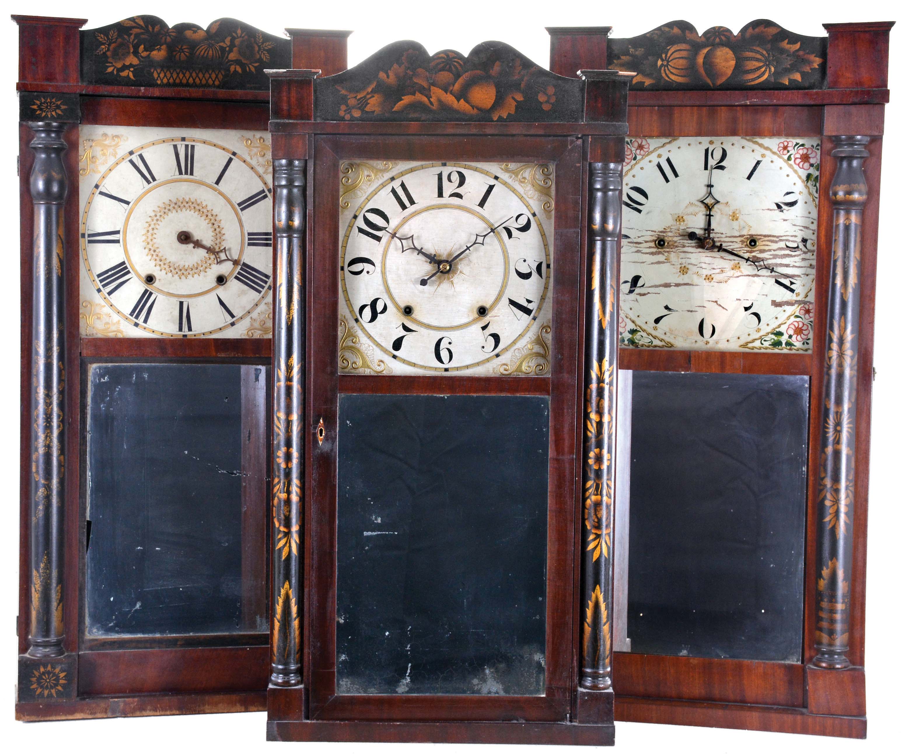 Clocks- 3 (Three): (1) Orrin Hart, Bristol, Conn., 30 hour, time and strike weight "groaner" wood movement half column & splat shelf clock, c1830; (2) Jeromes & Darrow, Bristol, Conn., 30 hour, time and strike weight wood movement half column & splat shelf clock, c1830; (3) Unknown, Bristol, Conn., 30 hour, time and strike weight wood movement half column & splat shelf clock, c1830 — Antique Clocks Price Guide