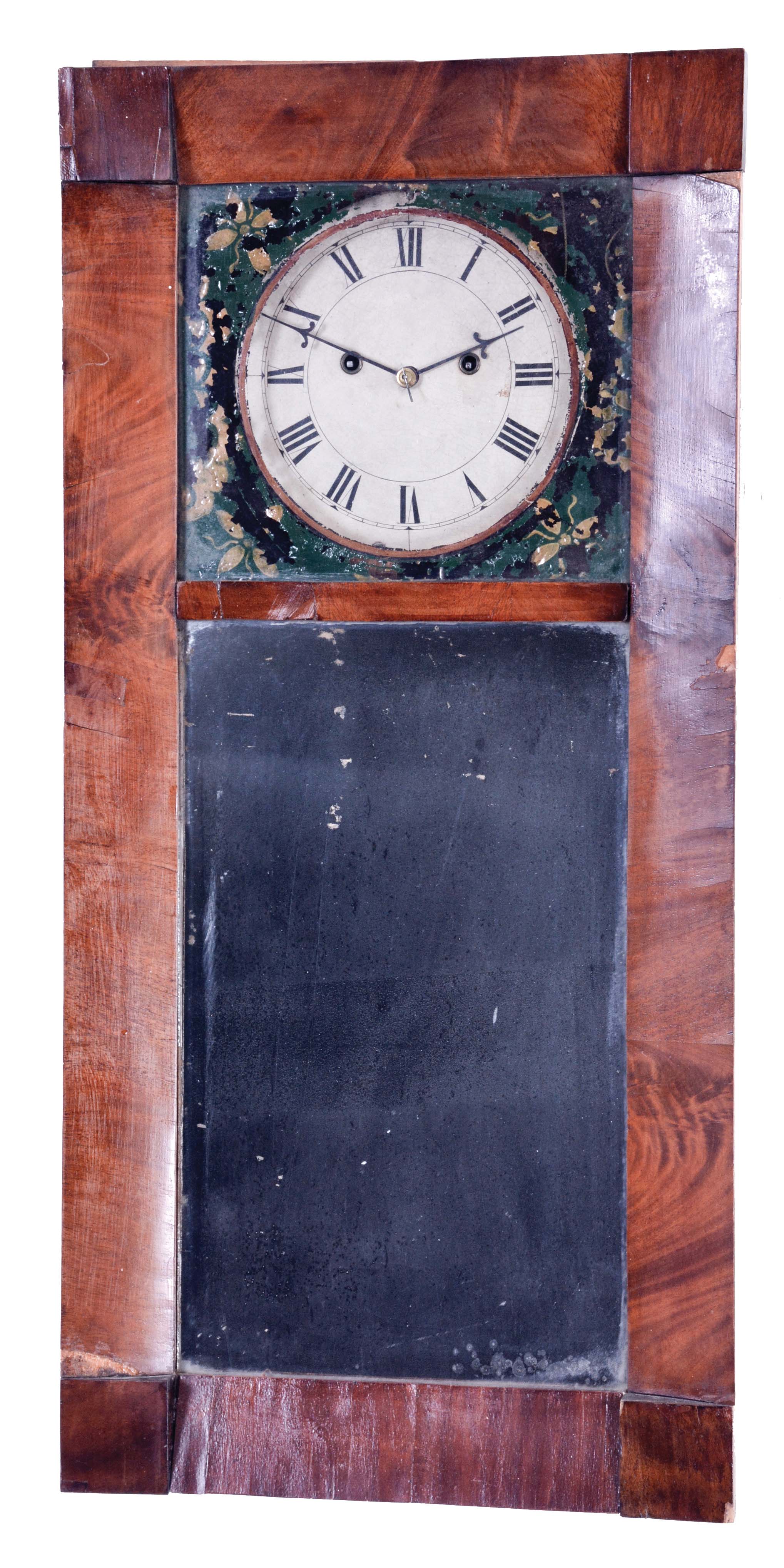 Abiel Chandler, Concord, New Hampshire, 8 day, time and "rat-trap" striking weight driven, brass movement New Hampshire mirror wall clock. — Antique Clocks Price Guide