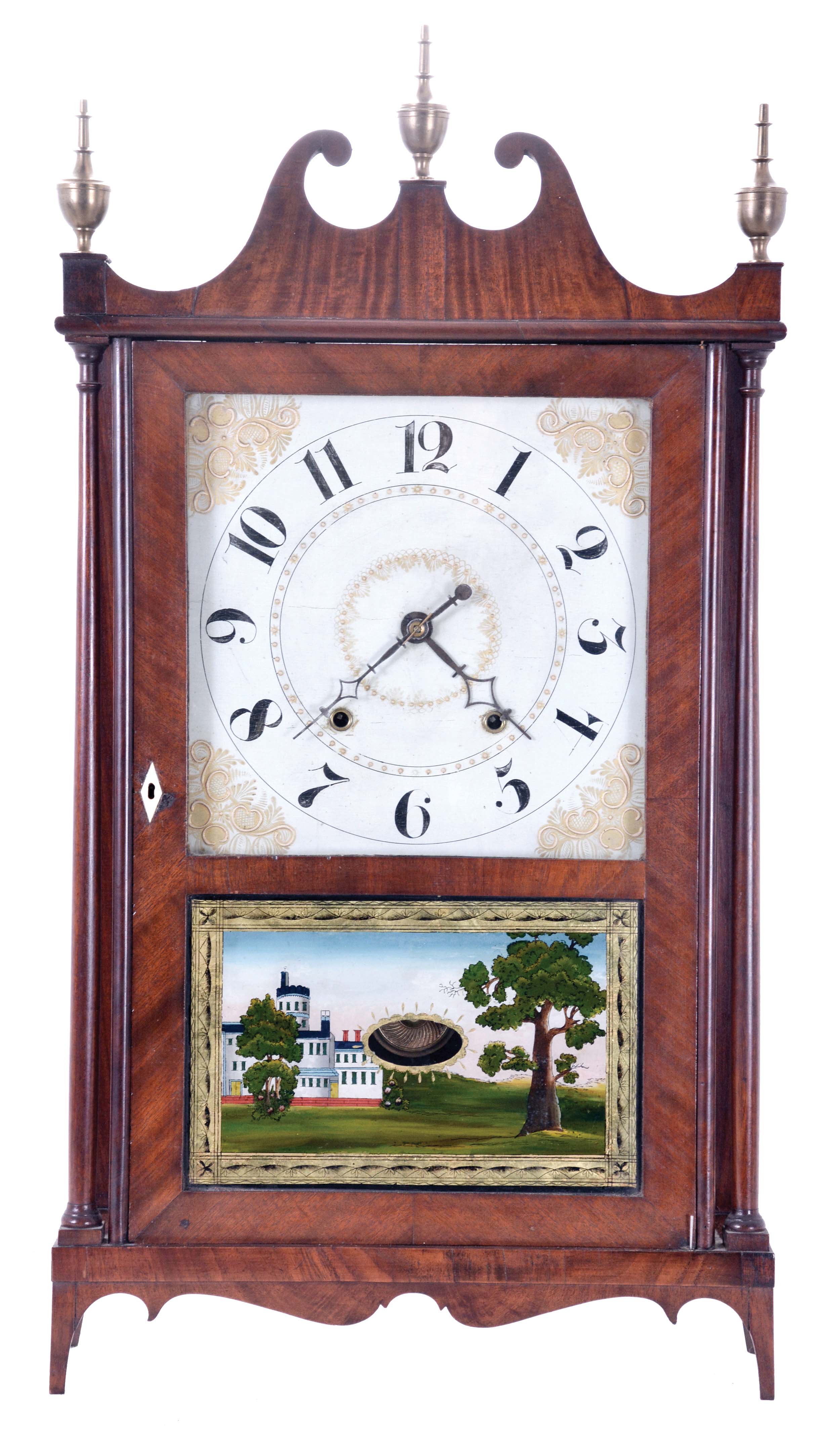 Ephraim Downs for George Mitchell, Bristol, Conn., 30 hour, time and strike weight wood movement pillar & scroll shelf clock. — Antique Clocks Price Guide