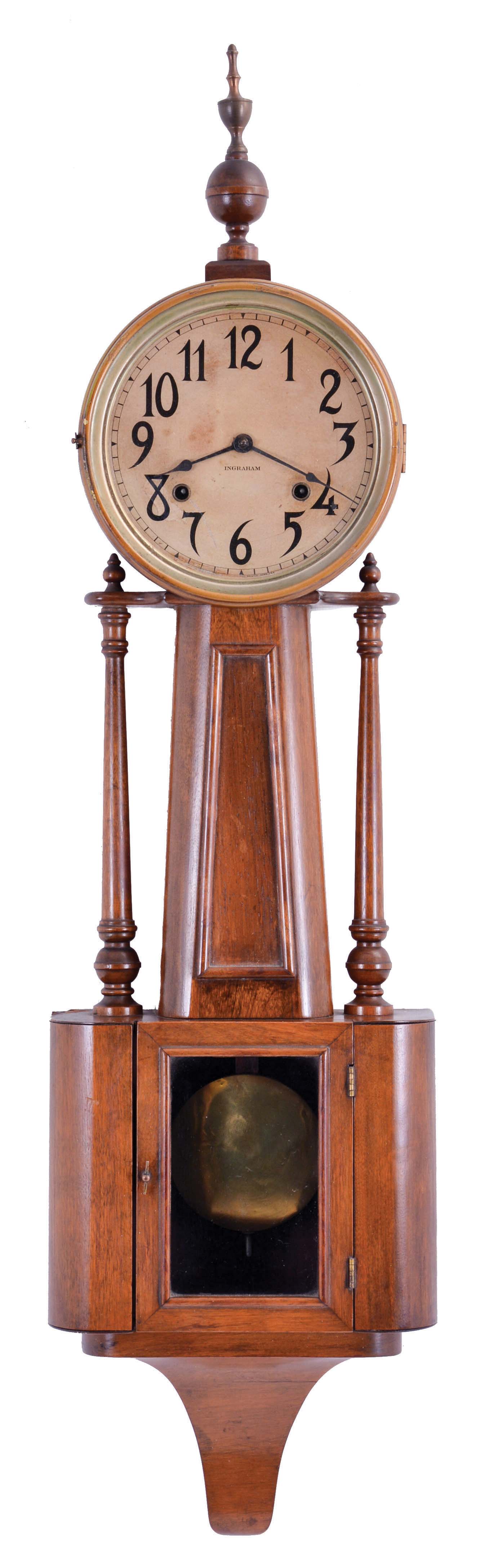 E. Ingraham & Co., Bristol, Conn., "Nile" banjo clock with a spring driven, 8 day, time and strike movement in a mahogany case. — Antique Clocks Price Guide