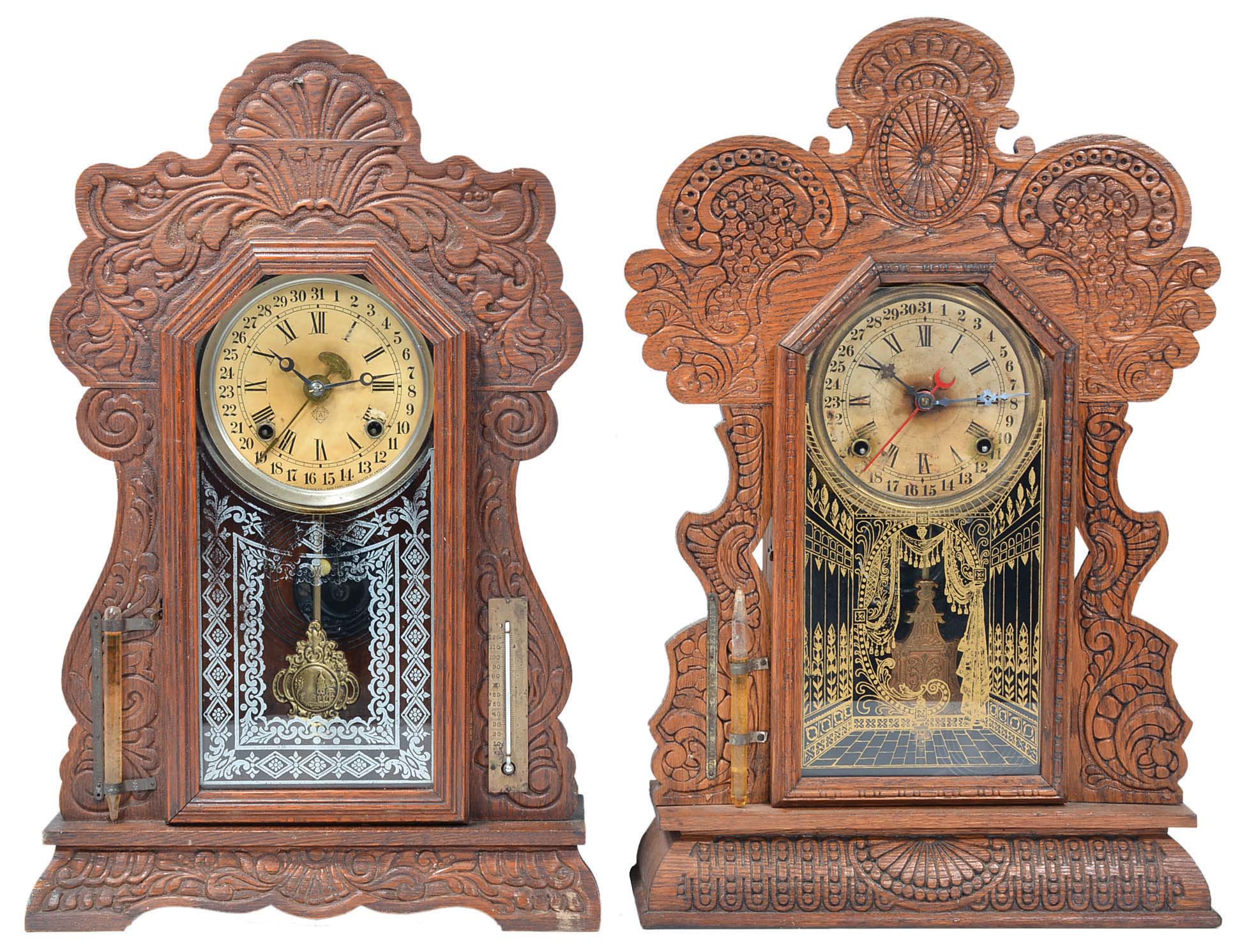 Clocks- 2 (Two) American Gingerbread shelf with calendar in oak: (1) Ansonia "Antler" with barometer and thermometer; (2) E. Ingraham unknown model with barometer — Antique Clocks Price Guide