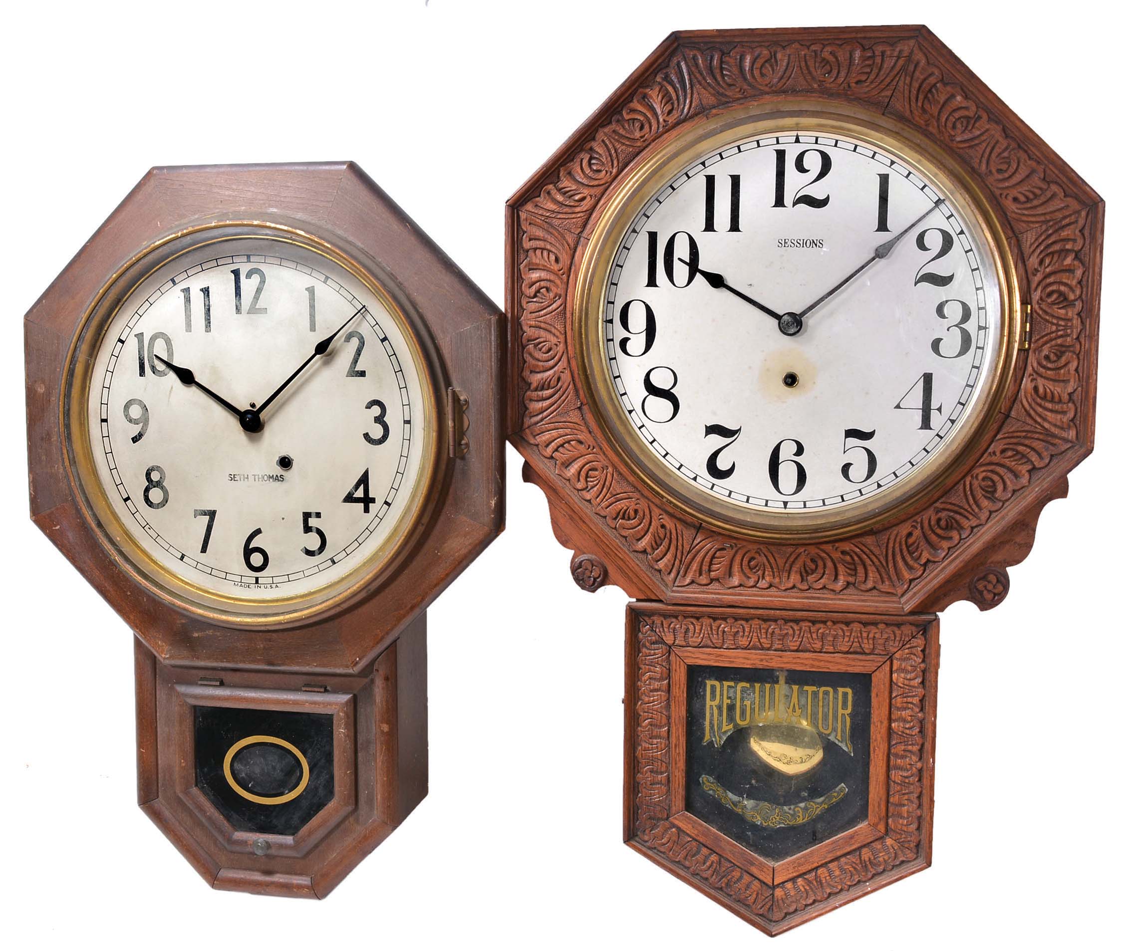 Clocks- 7 (Seven) American school house spring driven wall clocks including, Seth Thomas, Sessions, New Haven, Waterbury, Ansonia with advertising for "H.Z. Rhoads & Son, Lancaster PA", etc. including one case only in pressed oak with bezel — Antique Clocks Price Guide