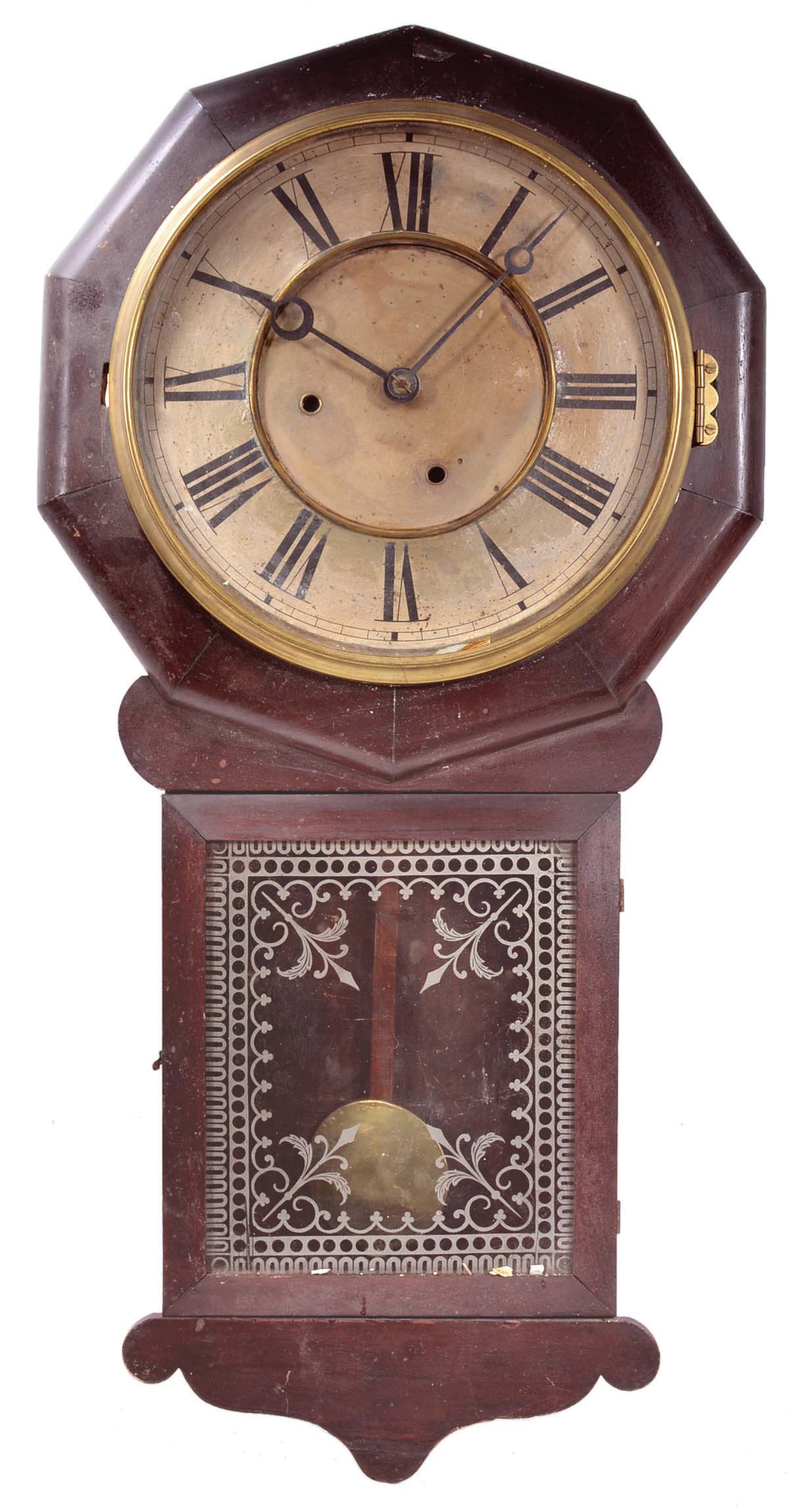 Clocks- 4 (Four) American wall hanging spring driven: (1) early Waterbury calendar with day, date and month with beveled front; (2) Ansonia "Office Regulator" with second's bit; (3) partial Baird case and Baird movement; (4) Gilbert long drop octagon — Antique Clocks Price Guide