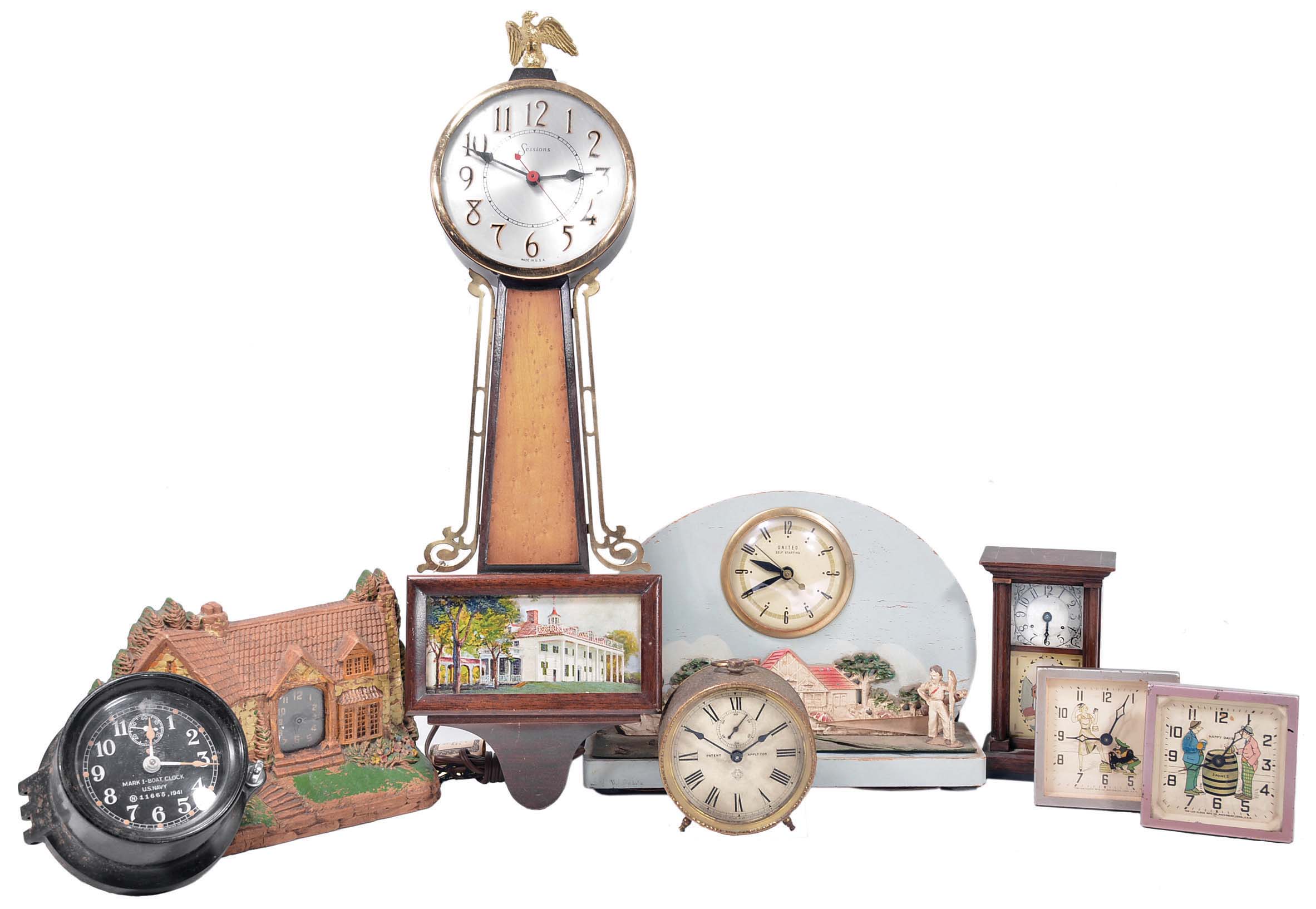 Clocks- 13 (Thirteen) Novelty including five Crusader wall clocks in the form of a coat of arms, two electric clocks, two animated Lux desk clocks, Deluxe Clock Co. New York "The Homestead", Seth Thomas Mark I wall clock and a Marlow & Co. miniature reproduction and an Ansonia alarm. J.E. Coleman states that the "Crusader" wall clock was made by the Vermont Clock Company. Though unsigned, these clocks did come from a collection in Vermont so may represent that model. — Antique Clocks Price Guide