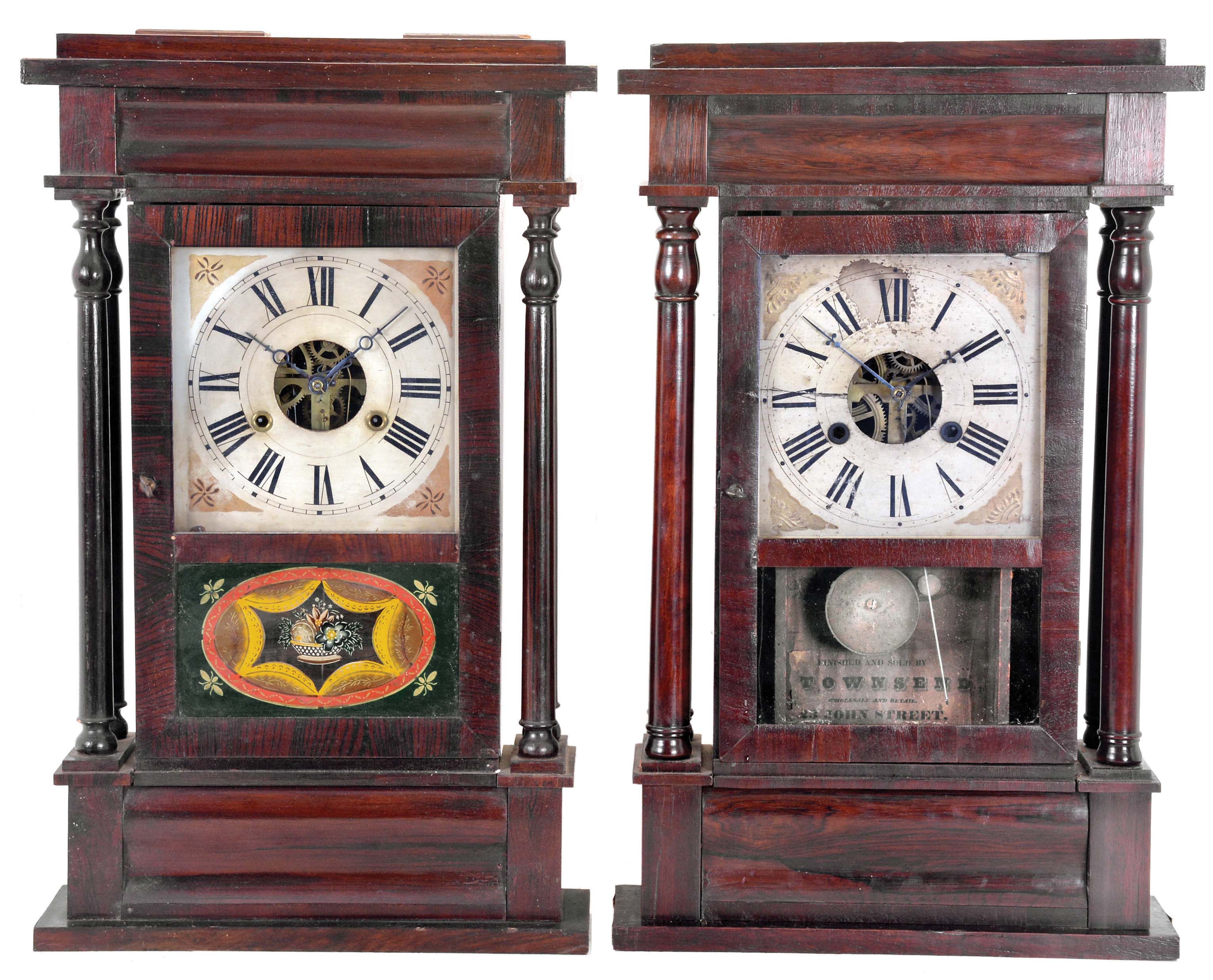 Clocks- 2 (Two): (1) Townsend, 23 John St., New York, 4 Column shelf clock with a 30 hour weight driven time and strike movement (Terry & Andrews, Bristol, Conn.) in a NY Style case of mahogany and rosewood veneer, c1845; (2) Sperry & Shaw, 10 Courtlandt St., New York, 4 Column shelf clock with a 30 hour weight driven movement in a NY style case of rosewood veneer and grain painted columns, c1845. — Antique Clocks Price Guide