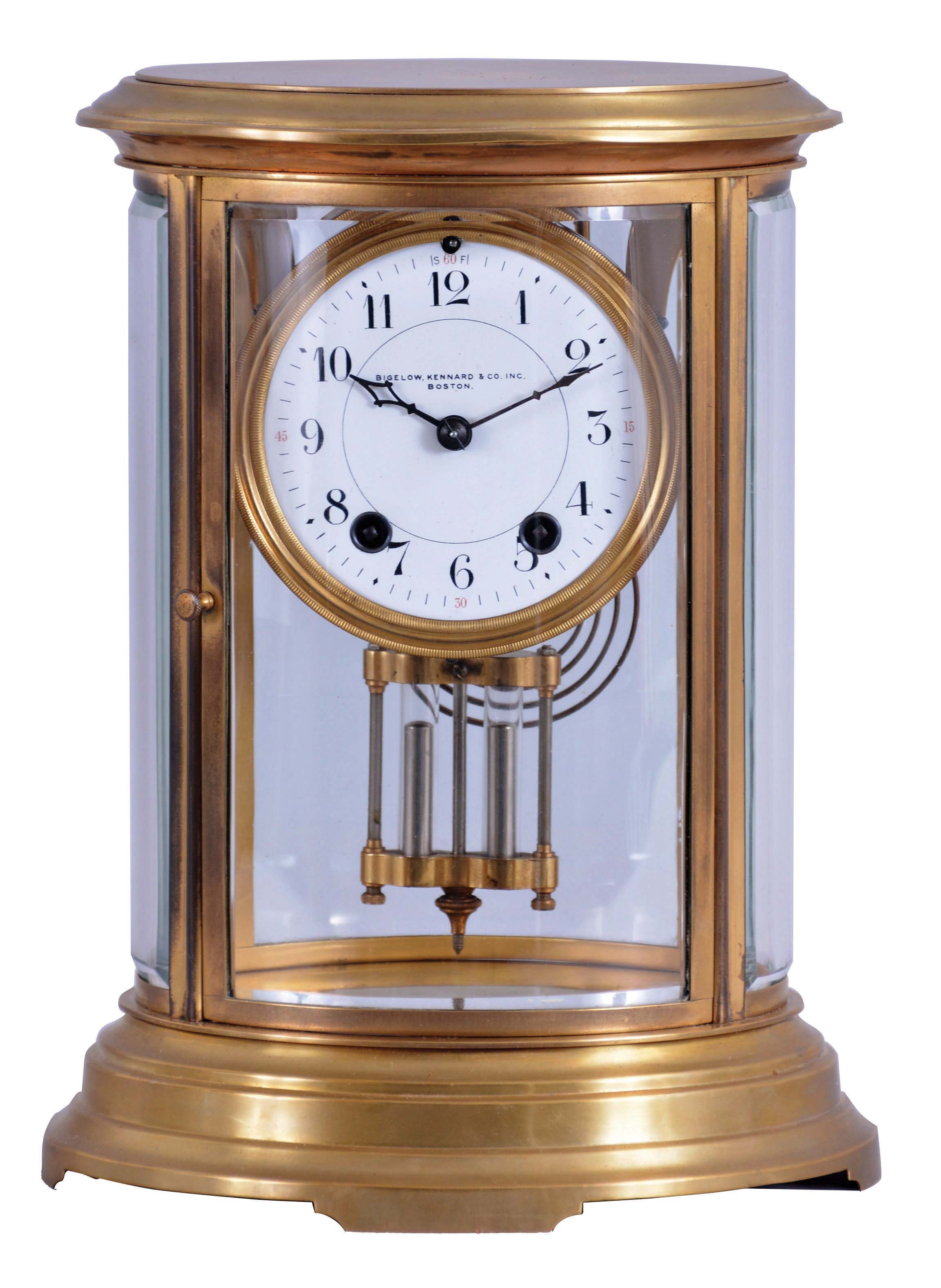 American, 8 day, time and strike spring driven movement crystal regulator mantel clock retailed by Bigelow, Kennard, & Co., Boston., Maker unknown. — Antique Clocks Price Guide