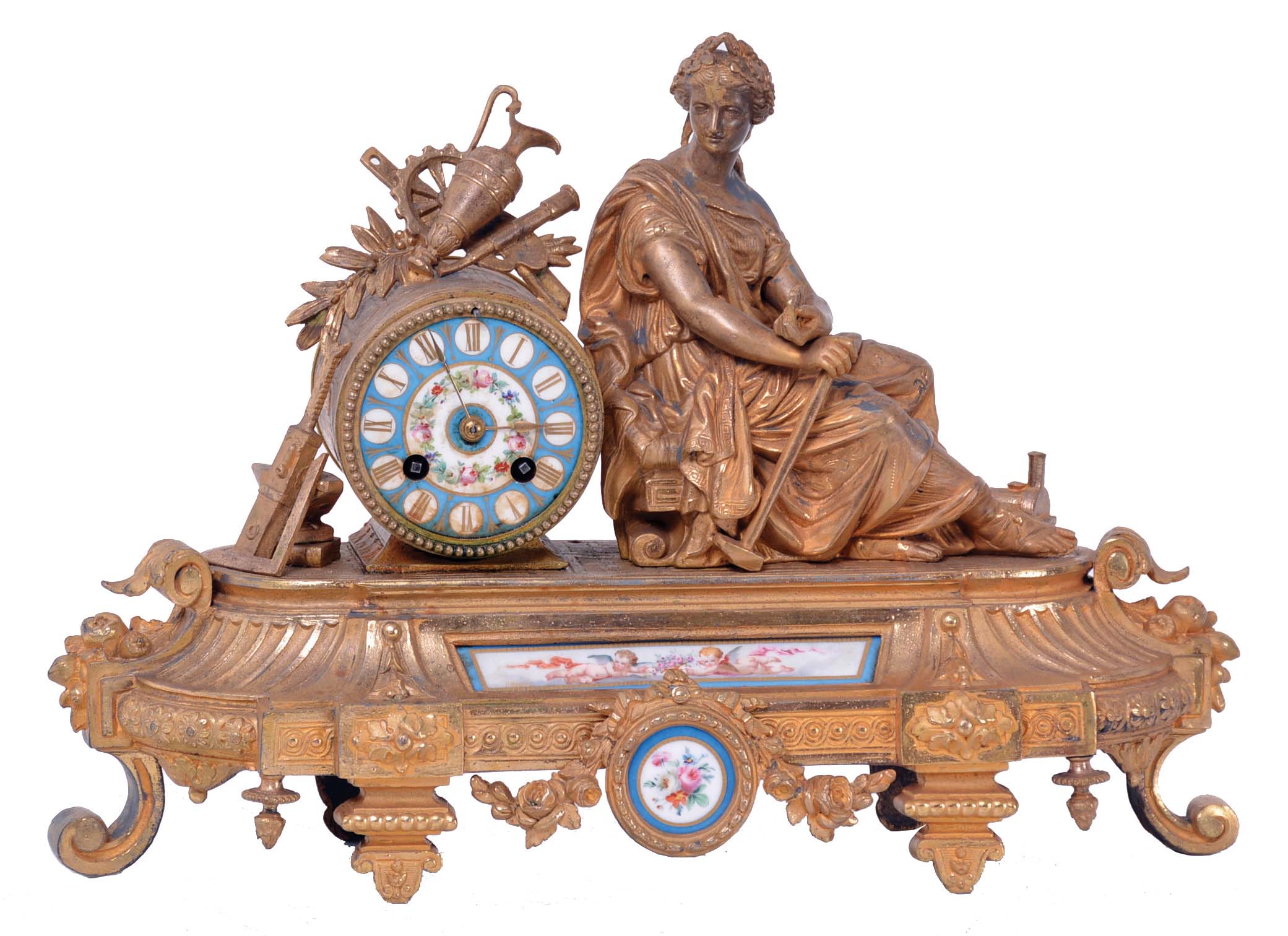 Japy Freres, Paris, France, figural mantel clock, 8 day time and strike, count wheel and bell, spring driven movement with floral themed ceramic dial and insets in a gilt spelter case featuring a seated female figure surrounded by symbols of art and science including a pitcher, gear, paintbrush & pallet, books, steam engine, anvil, spyglass, and square. — Antique Clocks Price Guide
