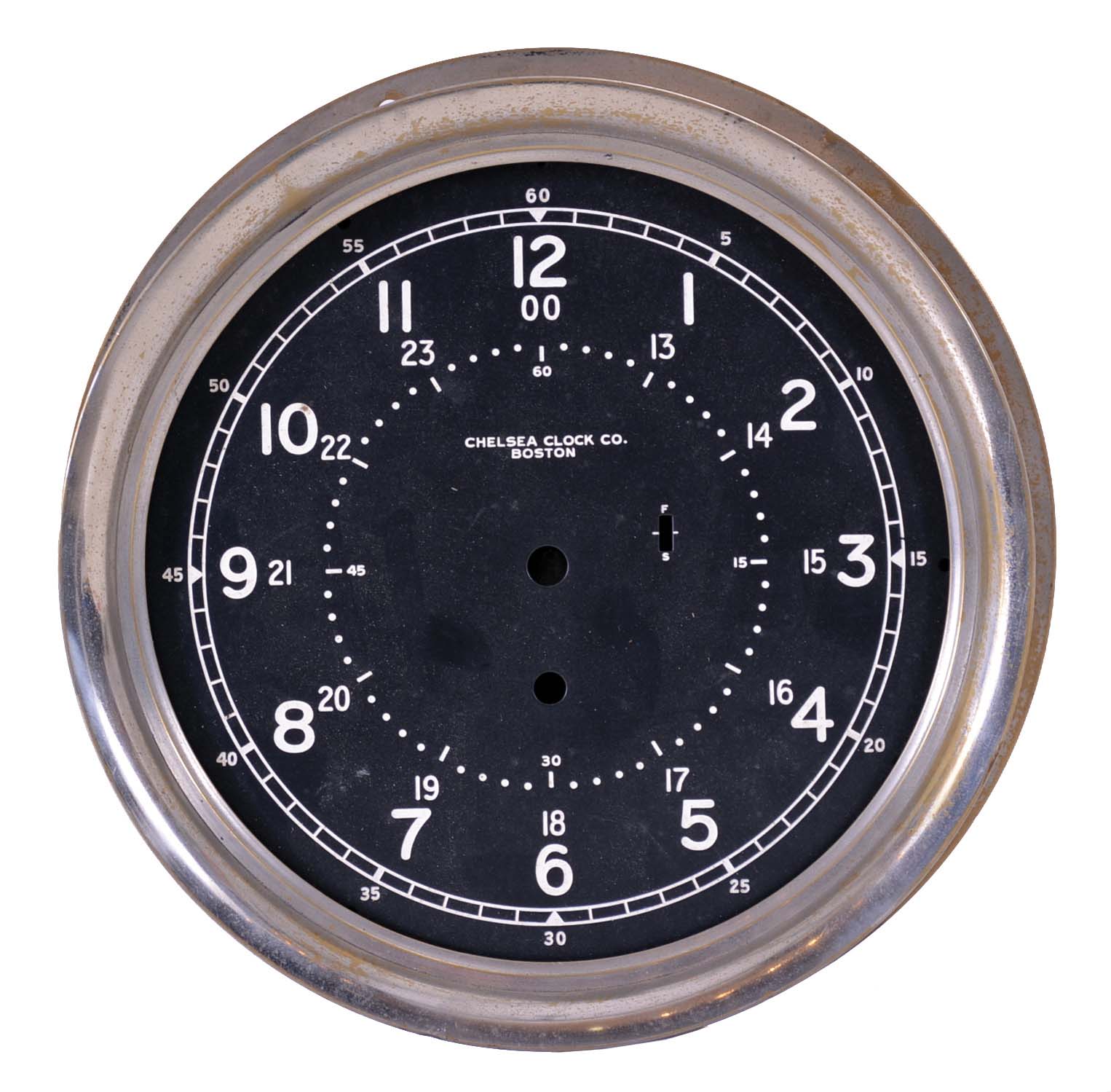 Chelsea Clock Co., Boston, Mass., 10" Cast brass and nickel plated case with 8" 24-hour black dial. — Antique Clocks Price Guide