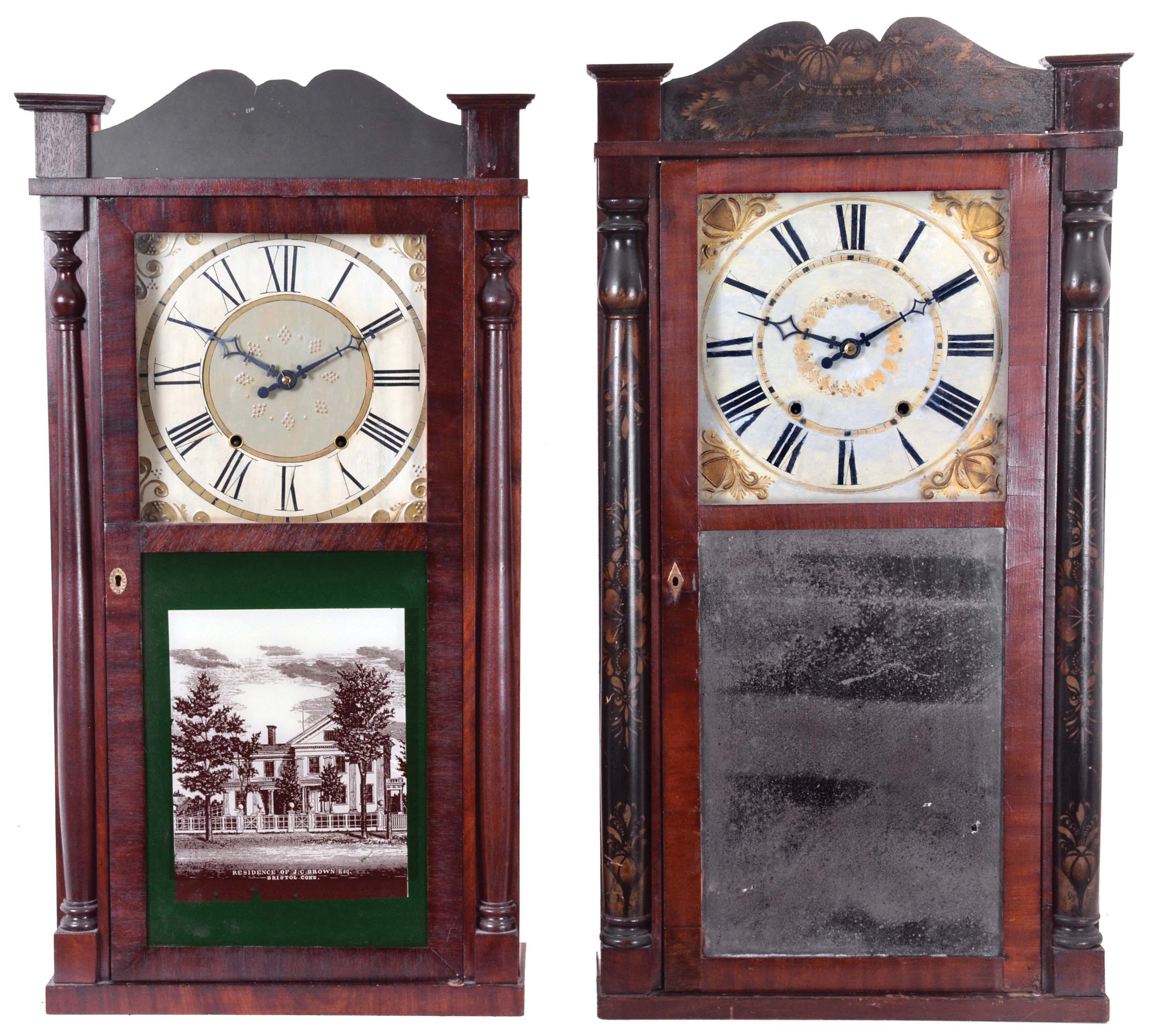 Clocks- 2 (Two): (1) Jeromes & Darrow, Bristol, Conn., 30 hour, time and strike weight wood movement half column & splat shelf clock, c1830; (2) Daniel Pratt, Jr., Reading, Mass., 30 hour, time and strike weight wood movement half clock and splat shelf clock, c1838 — Antique Clocks Price Guide