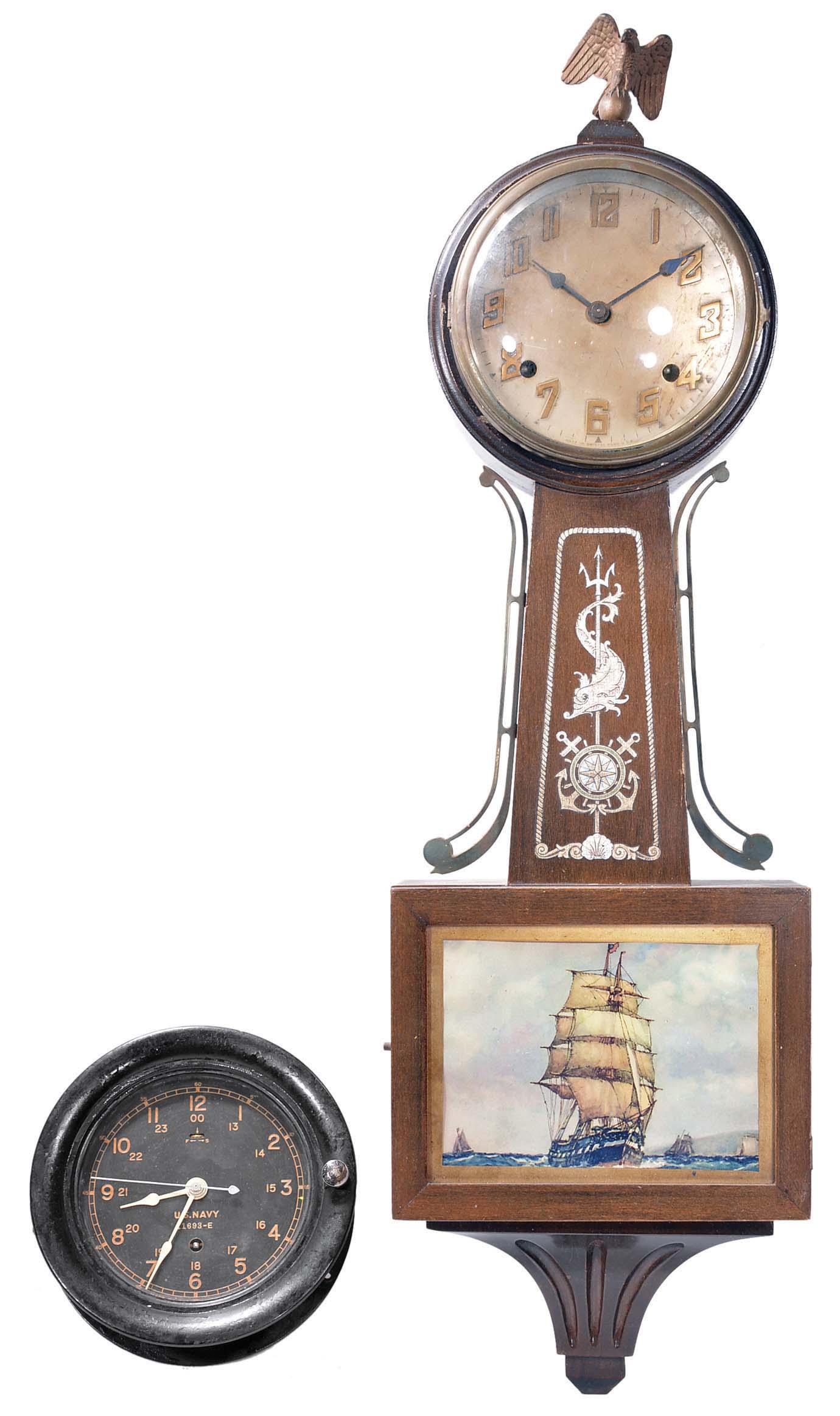 Clocks- 2 (Two) American spring driven wall: (1) Seth Thomas U.S. Navy ship's clock in a phenolic case; (2) E. Ingraham "Yankee Clipper" banjo — Antique Clocks Price Guide