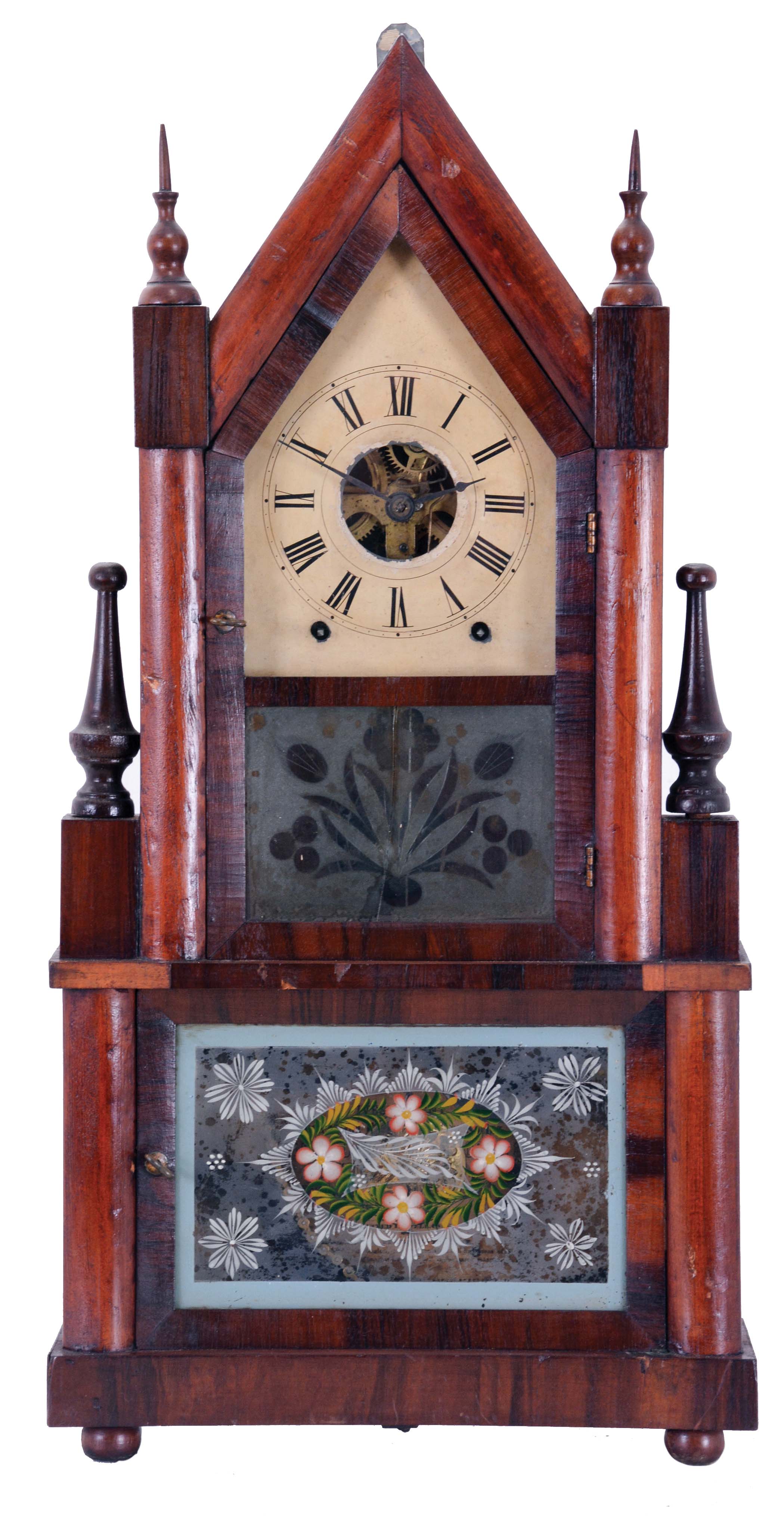 Birge & Fuller, Bristol, Conn., Sharp Gothic, steeple on frame shelf clock with 8 day, time and strike wagon spring driven movement. — Antique Clocks Price Guide