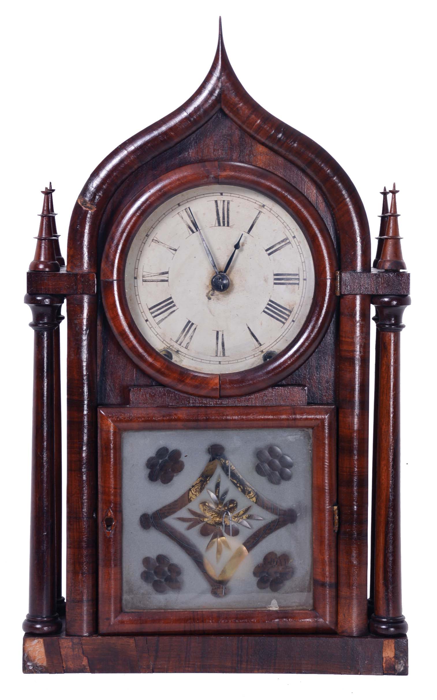 Brewster and Ingrahams, Bristol, Conn., 8 day, time and strike spring driven movement 4-column,Gothic onion top shelf clock. — Antique Clocks Price Guide