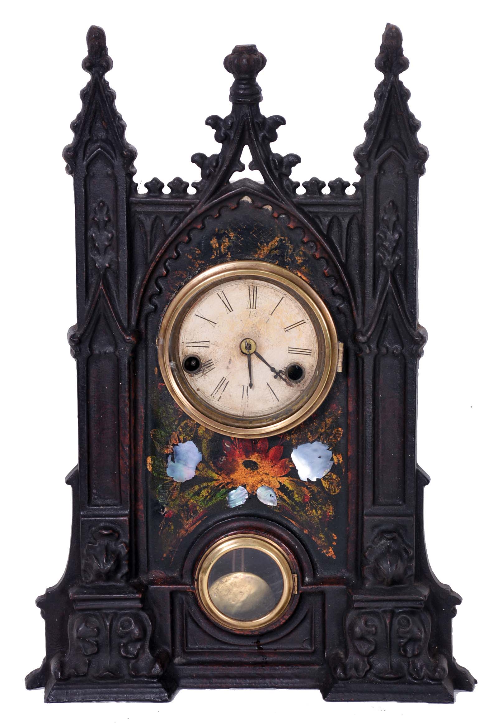 Unsigned Gothic style iron front shelf clock, attributed to the American Clock Co., NYC, with a 30 hour spring driven time and strike movement in a painted iron case with MOP inlay. — Antique Clocks Price Guide