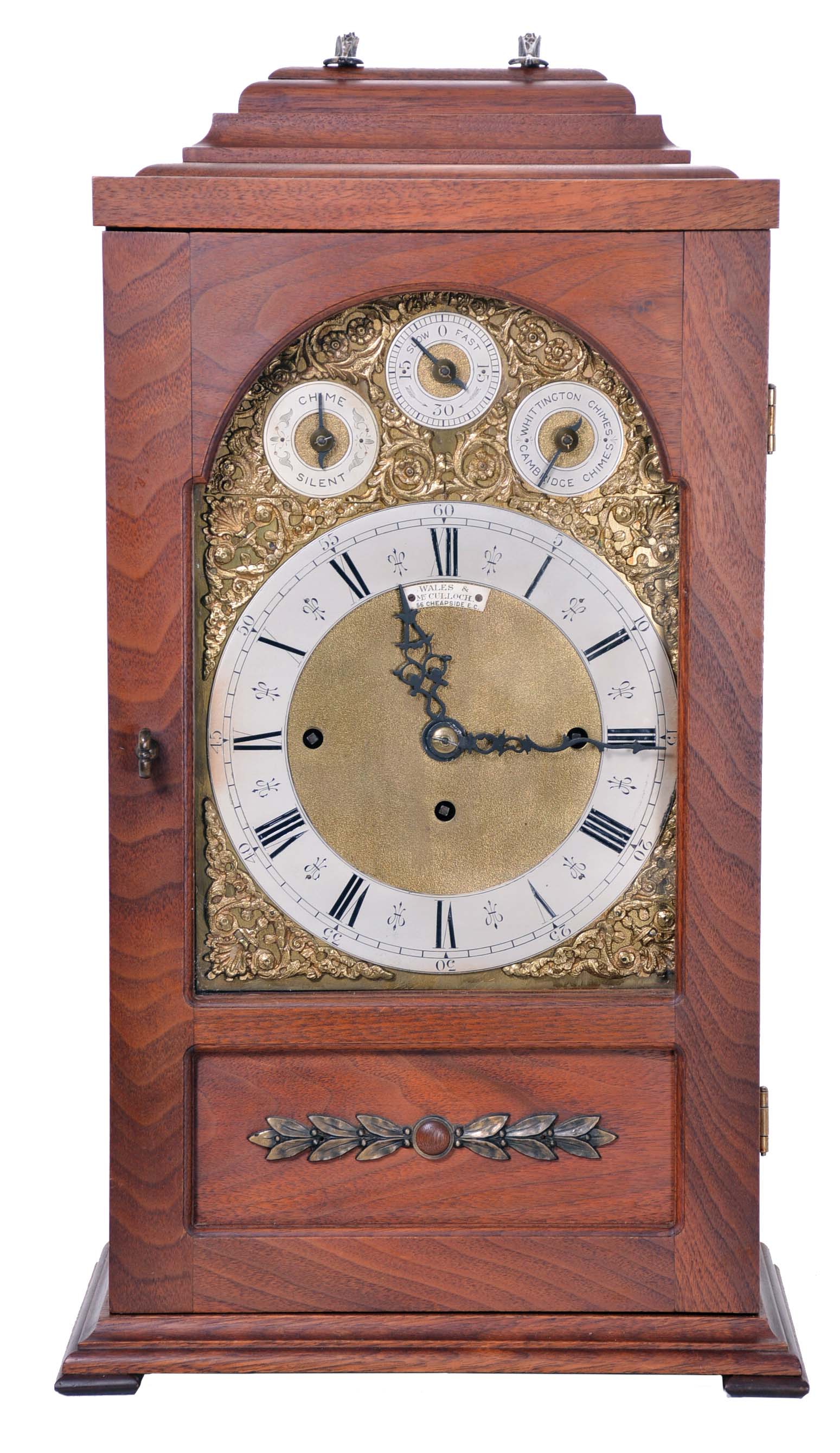 English, 8 day, time and strike three train 8 bell chiming bracket clock playing Whittington/Cambridge chimes. Retailed by Wales & McCulloch, 56 Cheapside. E.C., now in a later case. — Antique Clocks Price Guide