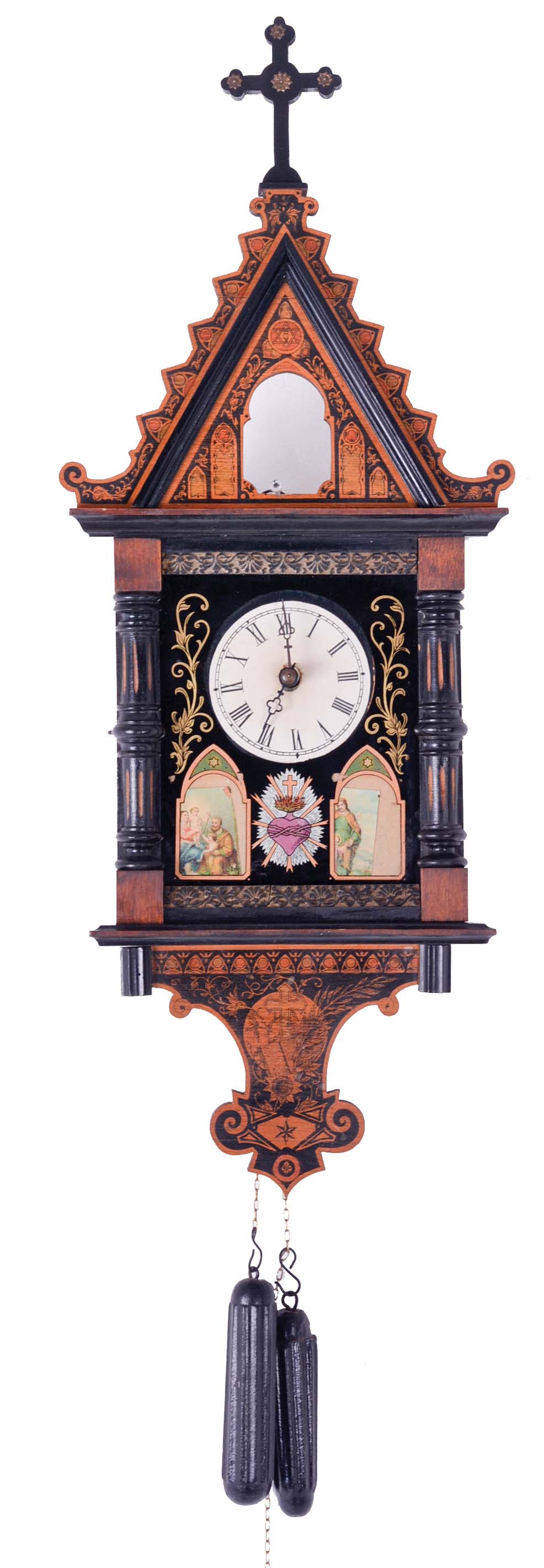 Black Forest: Hans Konrad, Brux Czech Republic, Biedermeier style wall clock, 30 hour, time and gong strike, weight-driven movement with wood plates and brass wheels within a pine case with reverse painted glass front. The overall form of the case is typical of Black Forest Biedermeier wall clocks and the mechanism is essentially the same as most cuckoo clocks of this vintage. The elaborate case ornamentation features Catholic themes such as the cross, the Sacred Heart, and two small prints depicting Jesus. — Antique Clocks Price Guide