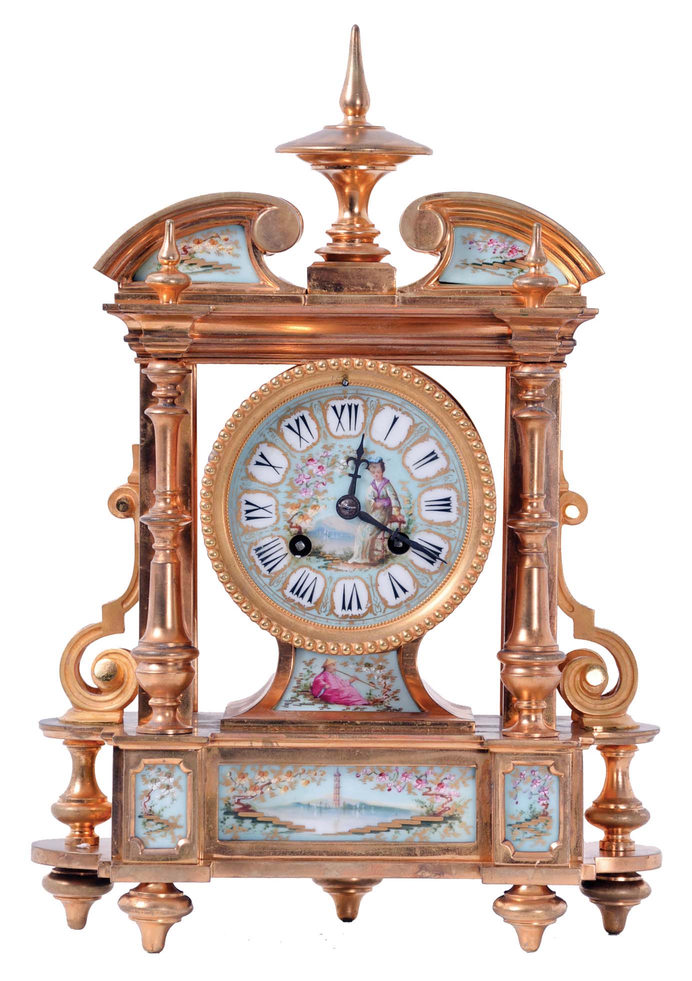 France, 8 day, time and strike spring driven movement with Japy Freres "Grd Med. D'Honneur" stamp in a gilt metal case with Sevres porcelain panels. The Sevres artist portrayed Asian themes including a robed woman under cherry blossoms, a man smoking a long pipe, and a landscape with a pagoda. — Antique Clocks Price Guide
