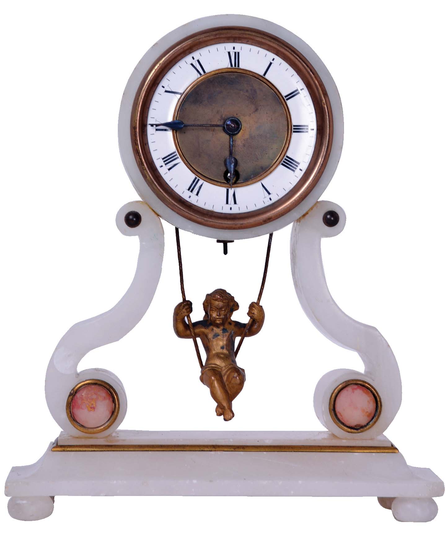 French, Farcot, 8 day, spring driven, Farcot-style chaff cutter movement with swinging doll pendulum in an alabaster mantel case. — Antique Clocks Price Guide