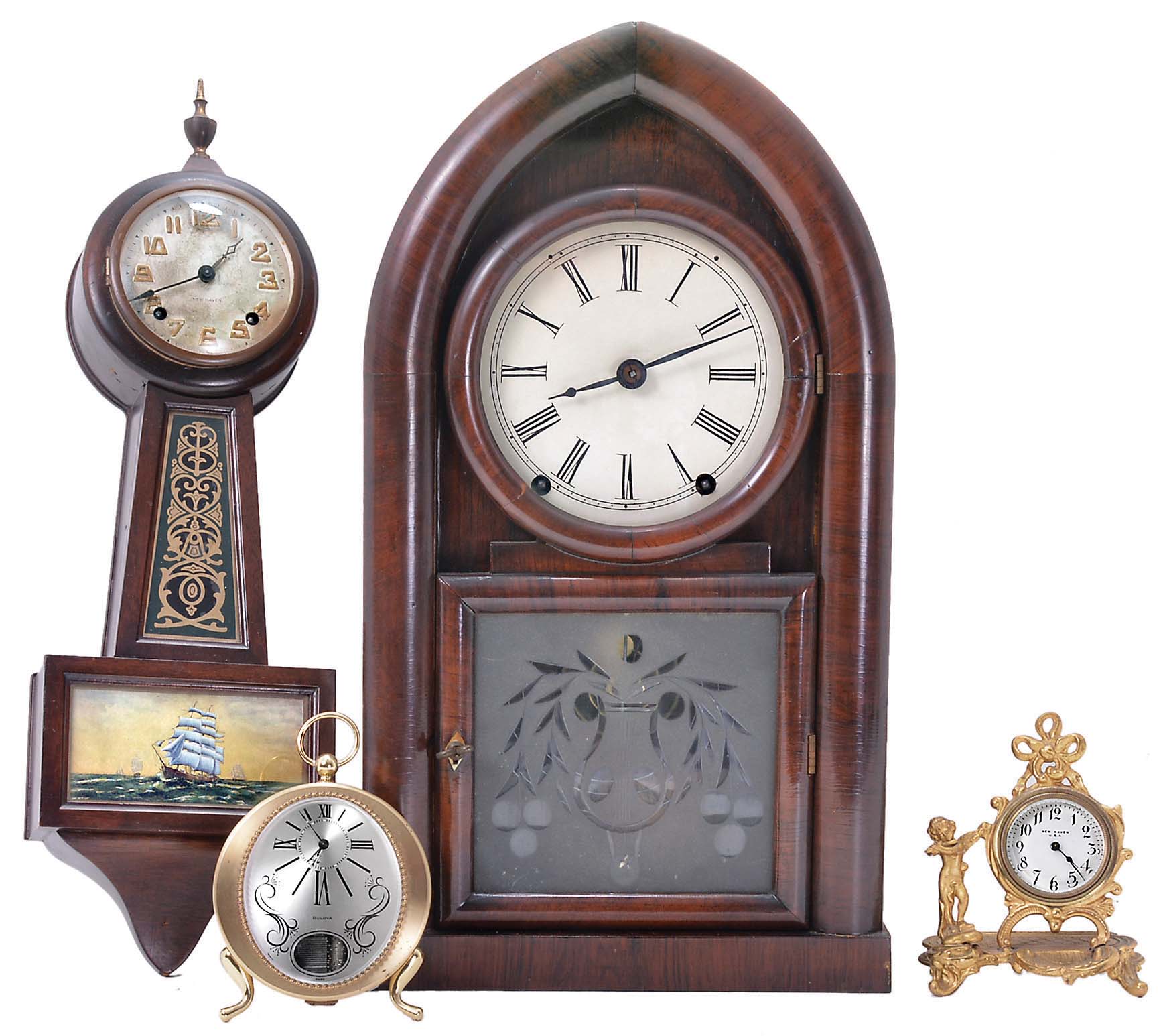 Clocks- 4 (Four): (1) Brewster & Ingrahams, Bristol, Conn., "beehive", 8 day, time and strike with etched glass tablet; (2) New Haven "Winetka" miniature banjo; (3) New Haven figural desk clock; (4) Bulova musical alarm, c1975 — Antique Clocks Price Guide