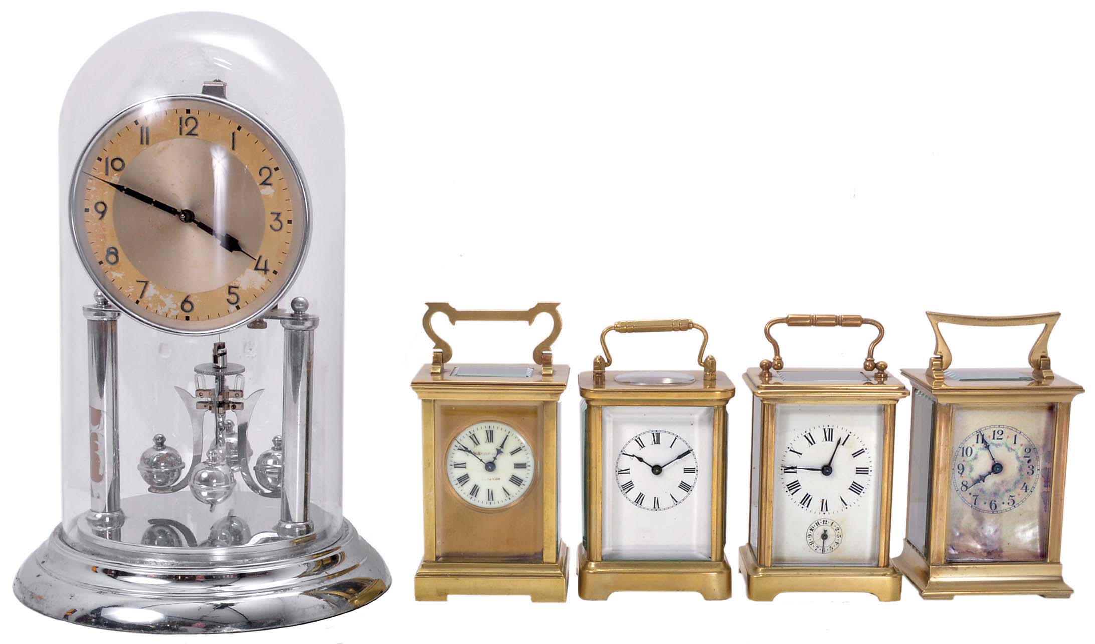 Clocks- 5 (Five): 4 (Four) carriage clocks including, Waterbury and three French, one with alarm, and a German anniversary clock — Antique Clocks Price Guide