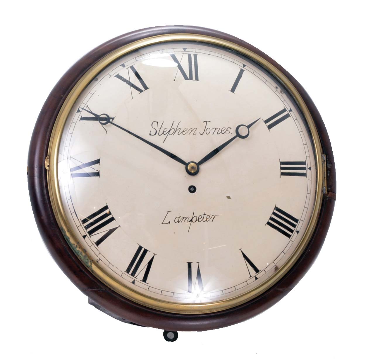Clocks- 3 (Three) English & Anglo-American: (1) English, 8 day time only dial clock with robust spring driven movement fusee movement in a walnut case with painted metal dial signed "Stephen Jones, Lampeter" (Wales) ; (2) Anglo-American, 8 day time and strike, spring driven movement in a carved walnut case; (3) Anglo-American, 8 day time and strike, spring driven movement in a rosewood veneer case. — Antique Clocks Price Guide