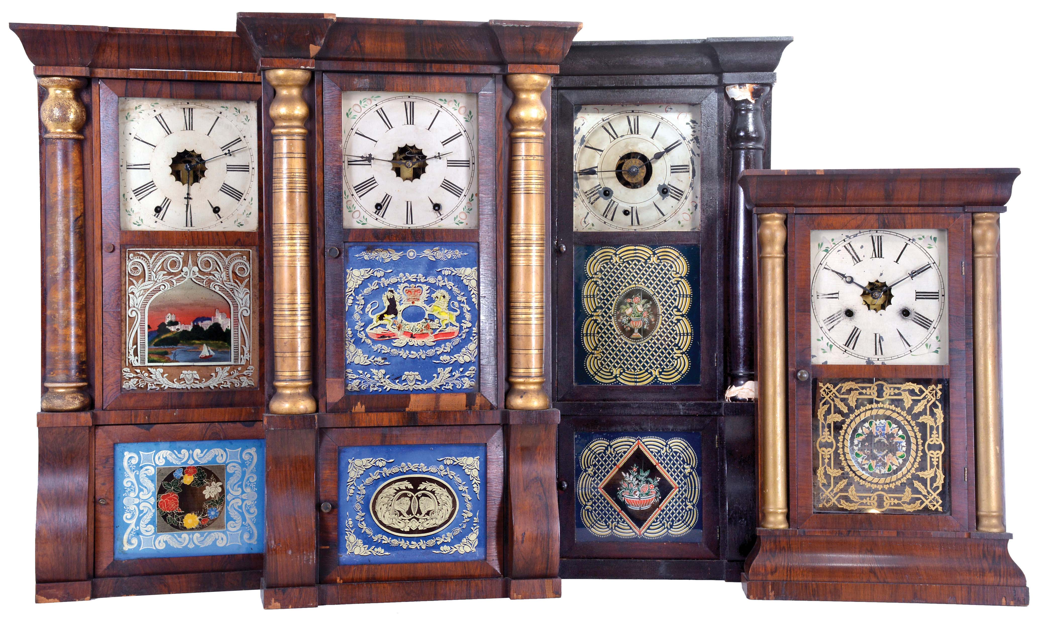 Clocks- 4 (Four) (1) Wm. L. Gilbert & Co., Winsted, Conn. Cornice and Column shelf clock with a weight driven 8 day, time and strike movement in a rosewood veneered case, c1865; (2) New Haven Clock Co., New Haven, Conn. Cornice and Column shelf clock with a weight driven 30 hour time and strike movement in a rosewood veneered case with gilt columns, c. 1865; (3) Wm. L. Gilbert & Co., Winsted, Conn. Cornice and Column shelf clock with a weight driven 8 day, time and strike movement in a rosewood veneered case, c1865; (4) Seth Thomas, Plymouth Hollow, Conn. Cornice and Column shelf clock with a weight driven 8 day time, strike and alarm movement in a rosewood veneered case, c1860. — Antique Clocks Price Guide