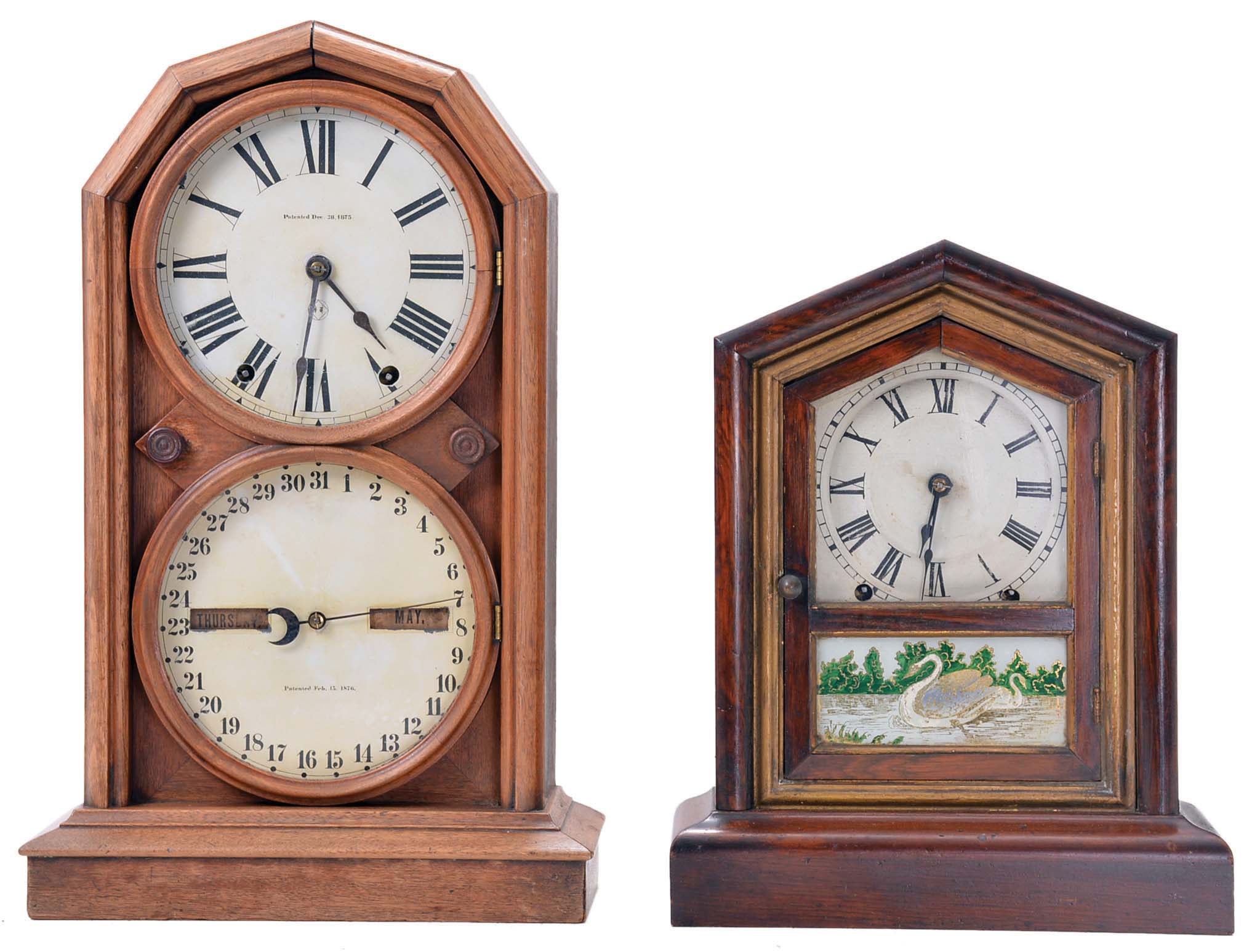 Clocks- 2 (Two): (1) Seth Thomas Clock Co., Thomaston, Conn., "Victoria" shelf clock with an 8 day spring driven time and strike movement in a rosewood veneered case. c 1879; (2) Seth Thomas Clock Co., Thomaston, Conn., "Parlor Calendar No. 5" shelf clock with an 8 day spring driven time and strike movement and R. T Andrews perpetual calendar mechanism in a walnut case, c1896 — Antique Clocks Price Guide
