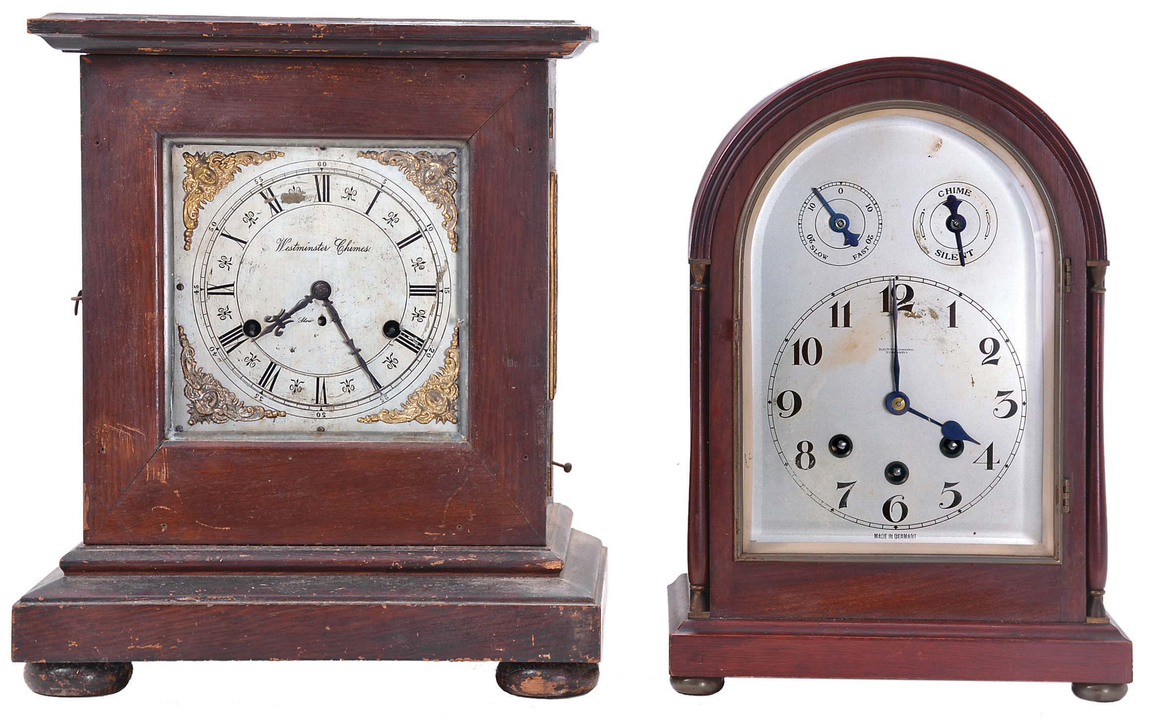 Clocks- 3 (Three) German Bracket: (1) German for Kents' Limited, Toronto, bracket clock, 8 day, time & Westminster chime in round top mahogany case with subsidiary indicators for chime and fast/slow adjustment, c1910; (2) German, bracket clock, 8 day, time & Westminster chime playing on coiled gongs by a second spring driven movement in an oak case, c1910; (3) German, carriage clock, 8 day time only movement with enamel cartouche numerals in the style of a late 16th century clock. — Antique Clocks Price Guide